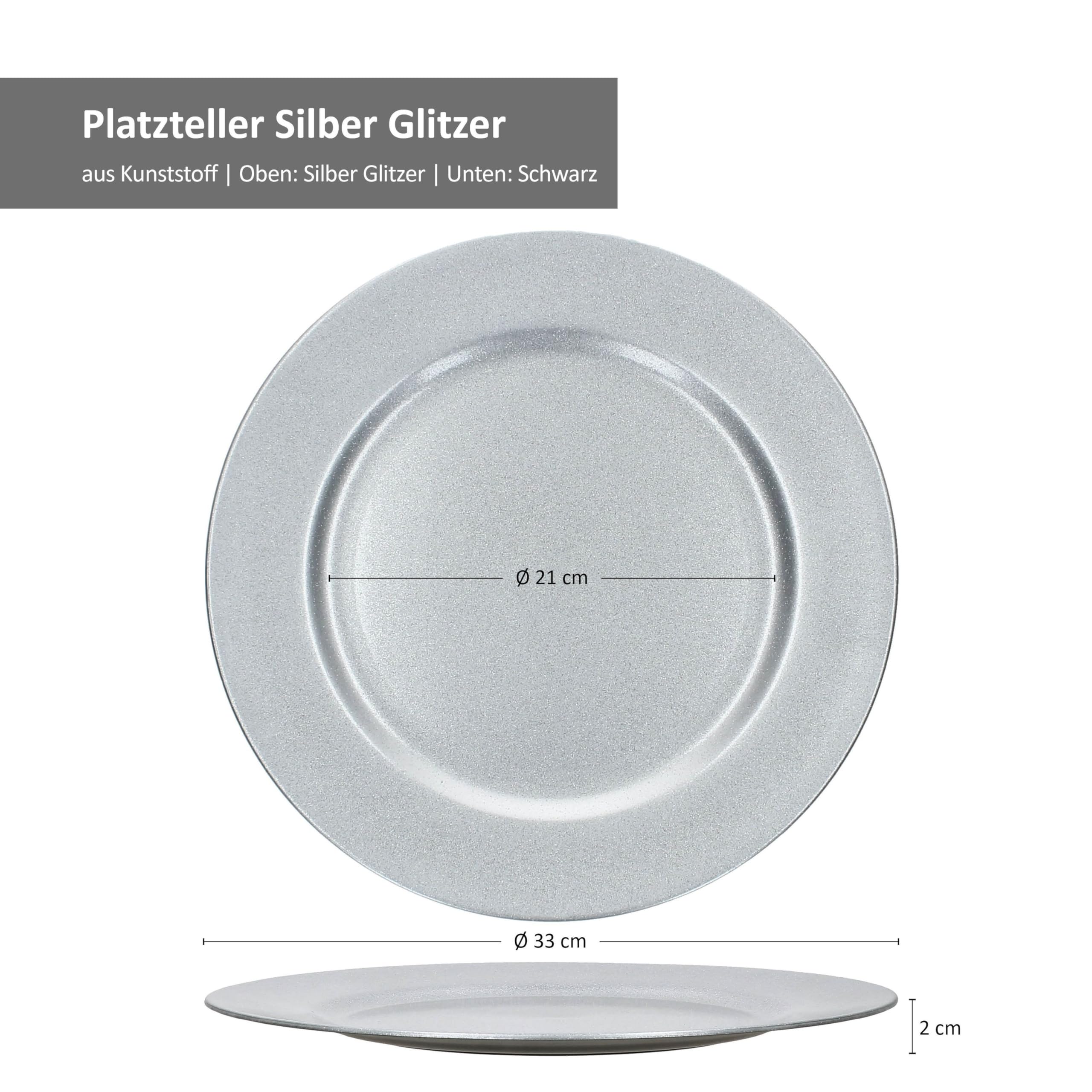 MamboCat Lot de 6 assiettes de présentation argentées à paillettes I Ø 33 cm I Assiettes décoratives légères en plastique I Set de table pour 6 personnes I pour Noël, mariages et autres