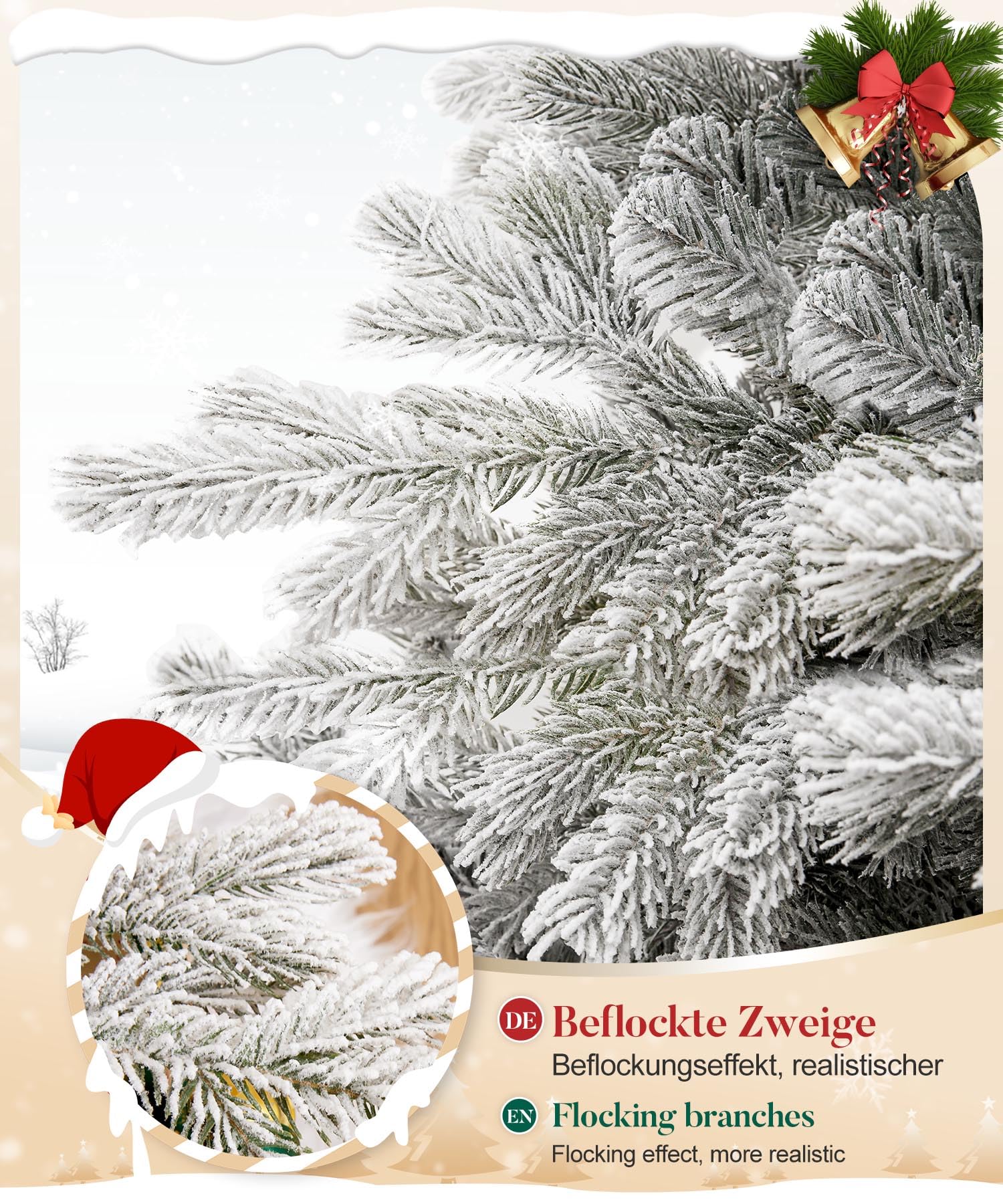 Yorbay Sapin de Noël Artificiel avec Flocons de Neige 180 cm, Sapin de Noël Artificiel en PE et PVC avec Support en Fer, pour décoration de Noël, Convient comme décoration pour la Maison