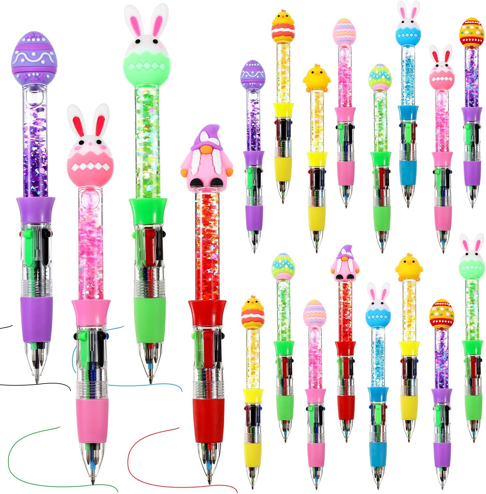 Gersoniel 10 Pcs Easter Multicolor Ballpoint Pens 4-in-1, Bunny Chicken and Easter Eggs, Cartoon Cute Fun Liquid Motion Sensory Pens for Party Gifts Supplies Goodies Bag Stuffer