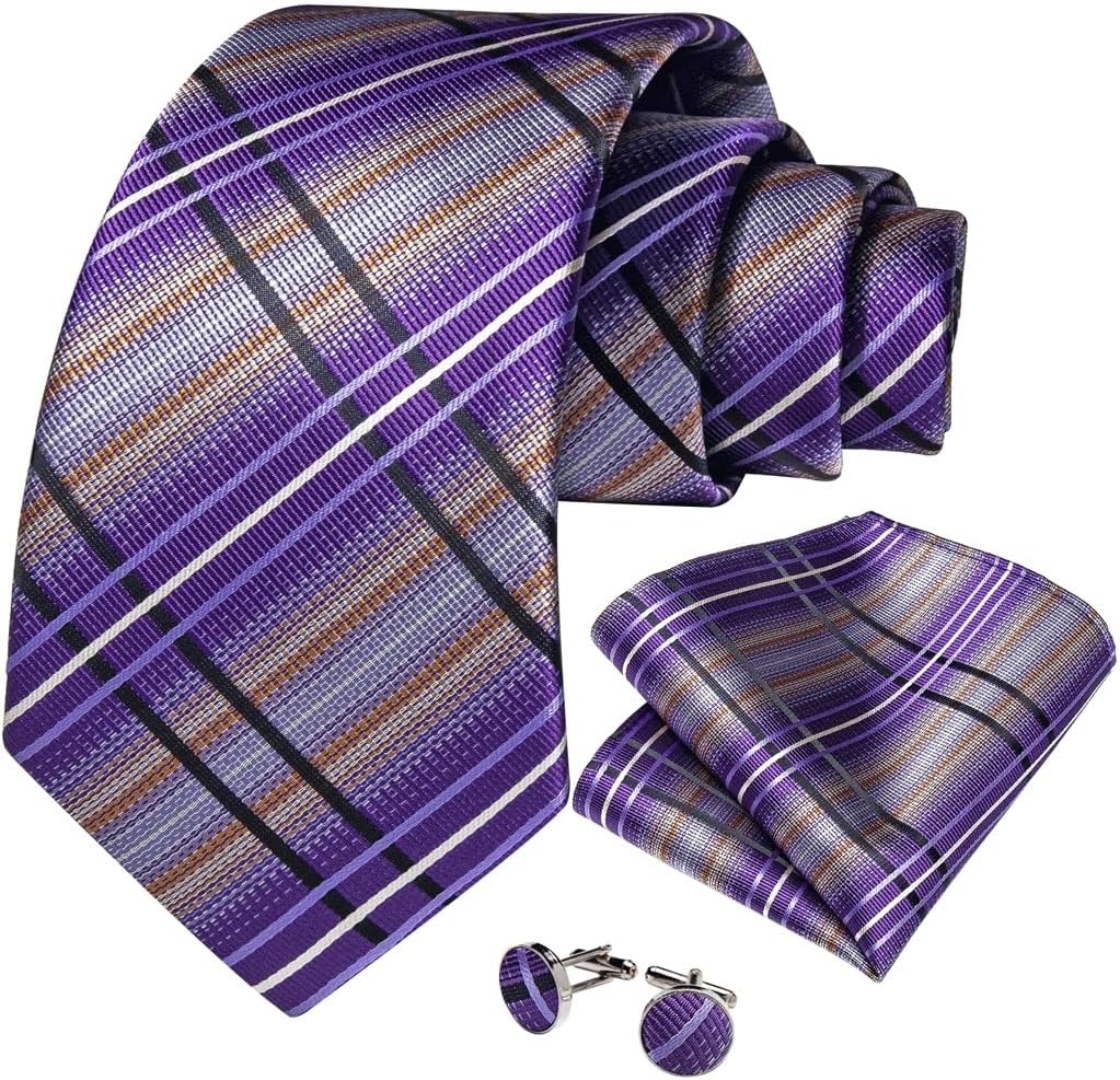 Men's Check Silk Tie Sets Men Neckties Handkerchief Cufflinks Wedding Party Ties Business Accessories Width Necktie
