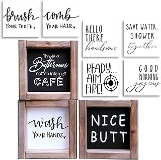 Funny Bathroom Signs Decor, Farmhouse Bathroom Decor with 9 Interchangeable Sayings, Rustic Accessories for Restroom Bathroom Shelf Decor Sign for Kids Bathroom 6x6