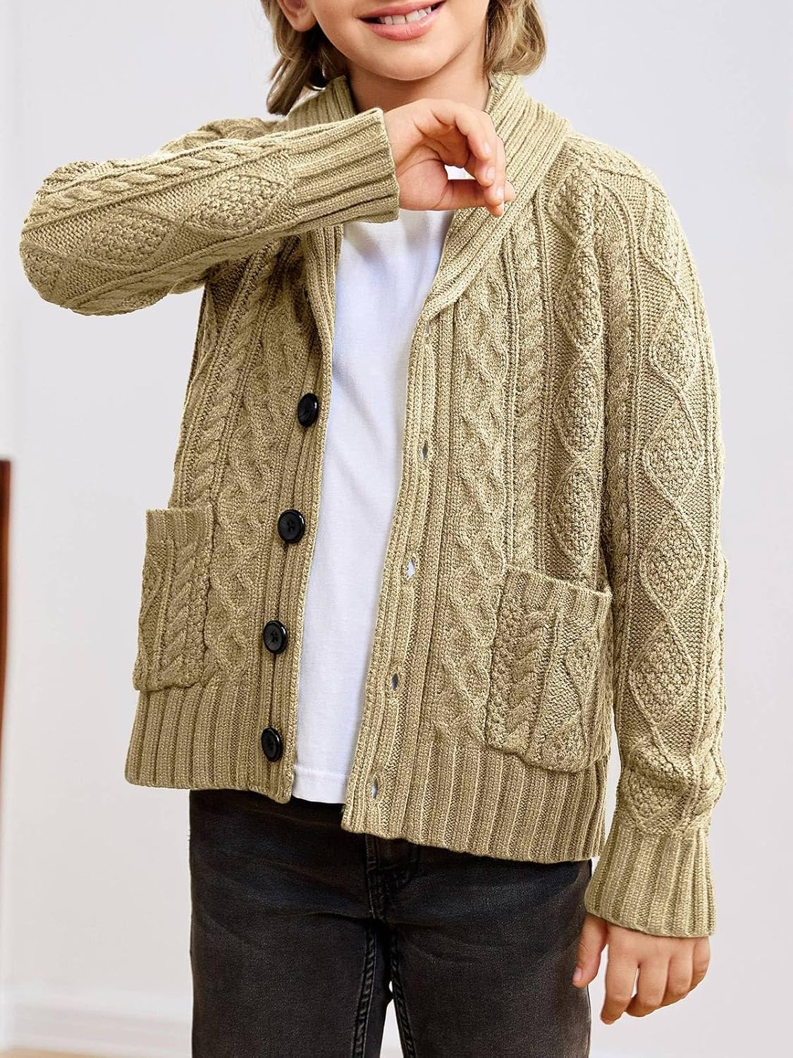 rrhss Boys Cable Knit Cardigan Sweater Kids Button Down Shawl Collar Outwear Sweater with Pockets 3-12 Years - Image 3