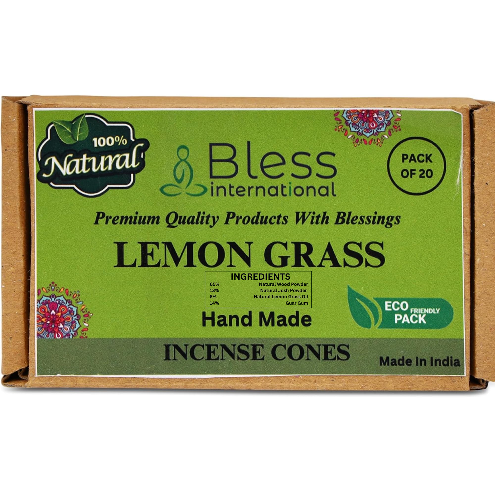Bless International Lemon Gras 100%-Natural-Incense-Cones Handmade-Hand-Dipped Organic-Chemicals-Free for-Purification-Relaxation-Positivity-Yoga-Meditation The-Best-scents (20 Count)