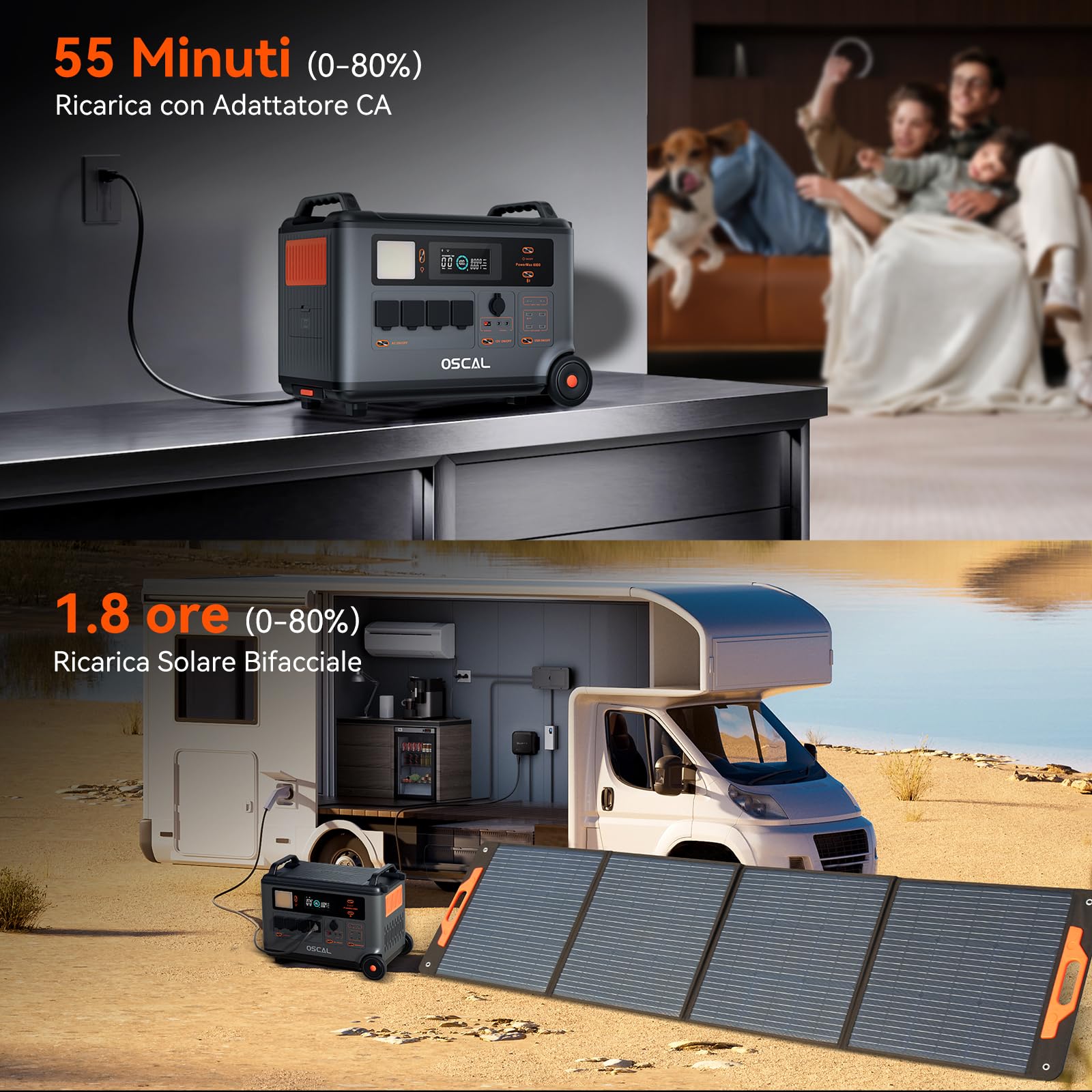 OSCAL Power 6000 Centrale Elettrica Portatile con Batteria LFP da 3600Wh, 6000W AC Uscita (9000W Picco), 0-80% in 55 Minuti, UPS <5ms per Campeggio e Camper, con pannello solare 200W