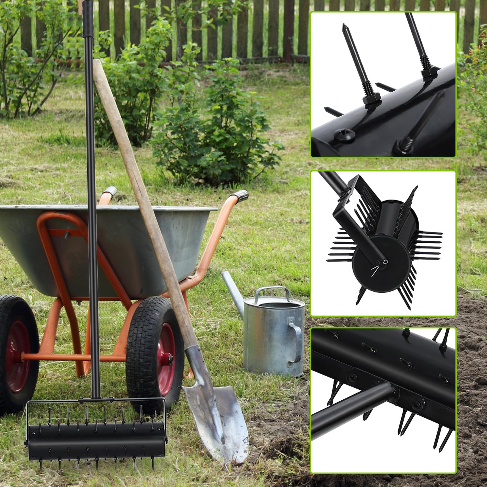 Aireador de césped rodante, herramienta de aireación manual mejorada con pinchos, rodillo aireador de estacas de jardín resistente, máquina de aireación para tierra suelta sin esfuerzo para
