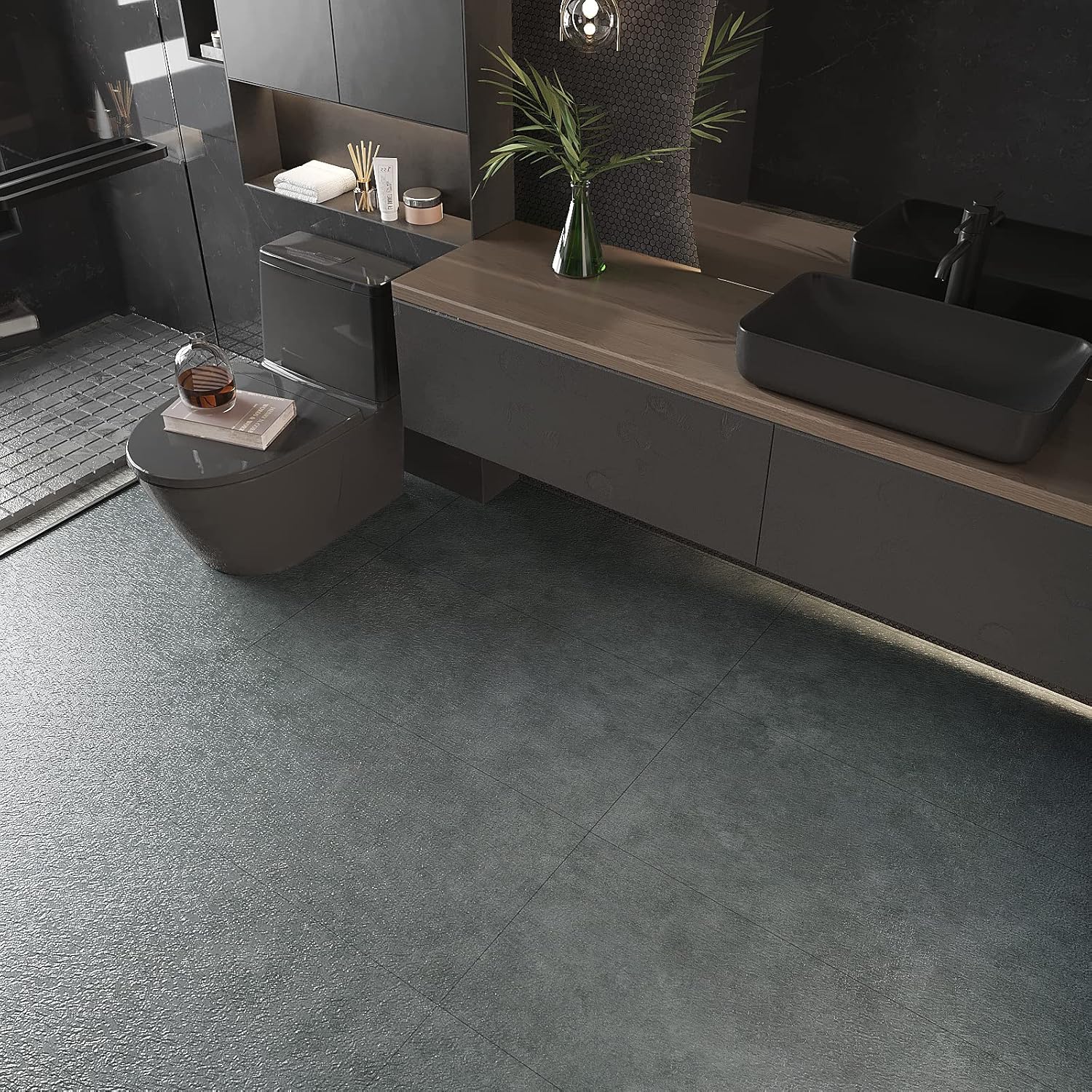 VEELIKE Large Size 12''x24'' Floor Tiles Peel and Stick Waterproof Grey Peel and Stick Floor Tile Concrete Look Vinyl Flooring Tiles 12-Pack Adhesive Grey Floor Tiles for Bathroom Kitchen Garage Floor