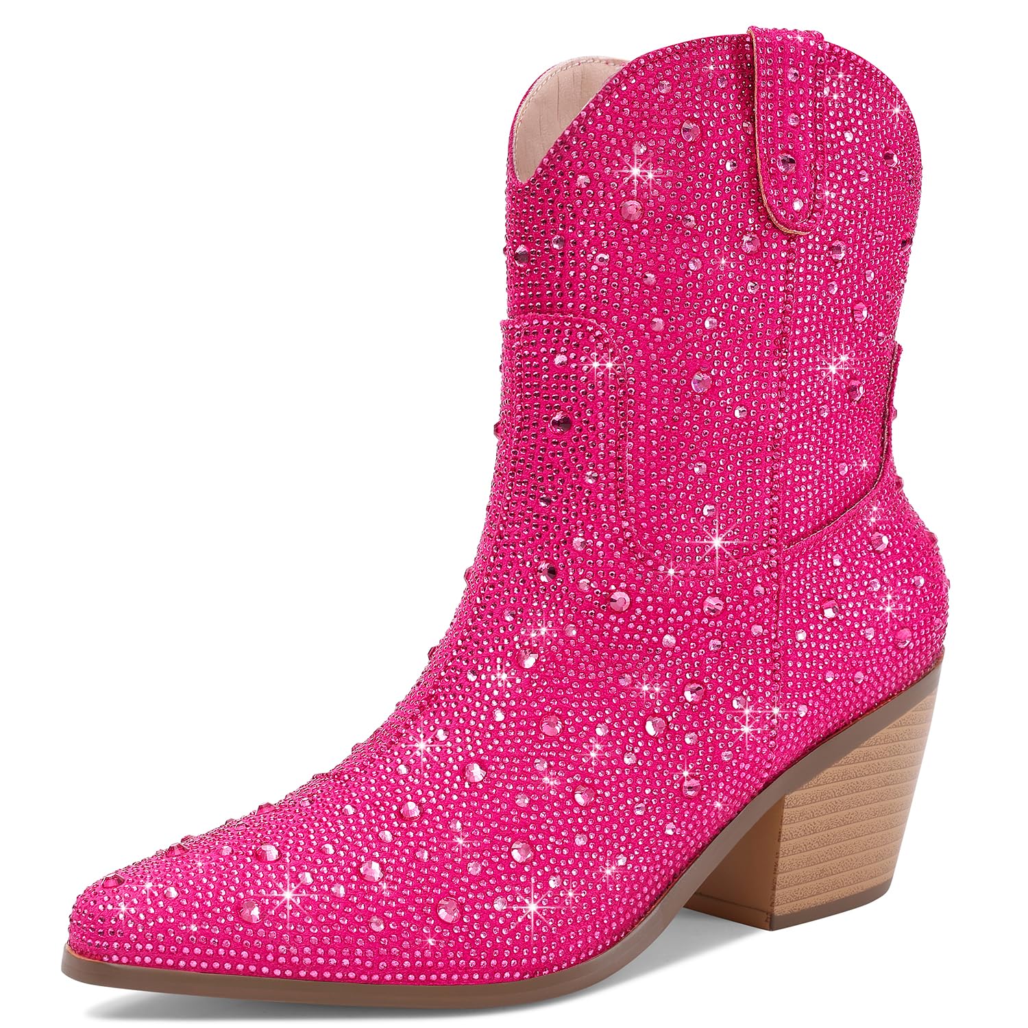 RONILURN Cowgirl Ankle Boots Cowboy Boots for Women Western Booties Rhinestone Chunky Heel Fashion Comfortable Side Zipper
