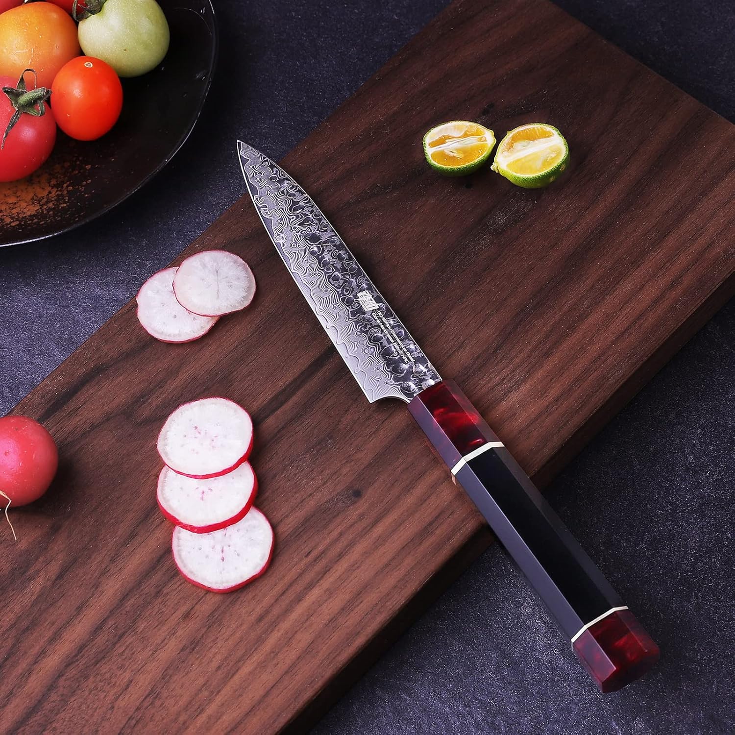 FINDKING 5 Inch Kitchen Utility Knife with ABS sheath, Multi-Purpose Japanese Paring Knife, Damascus Steel Blade, Resin Octagonal Handle, Small, for Fruits Vegetables (Eternity Series) - Image 6