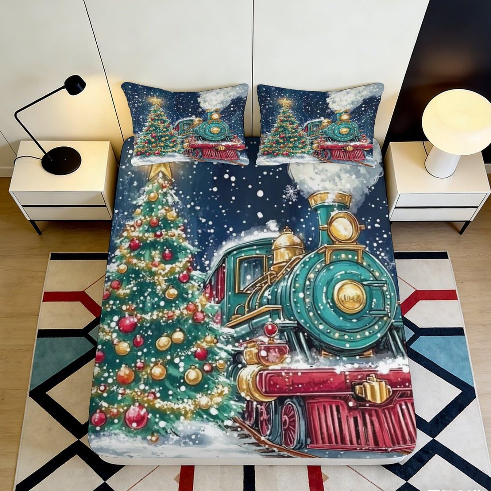 Jqzkxnhpbr Style-2 3D Printed Christmas Tree Fitted Sheet Microfiber Train Bed Cover Anti-Slip Washable Decor For Bedroom Guestroom 90X200x25cm