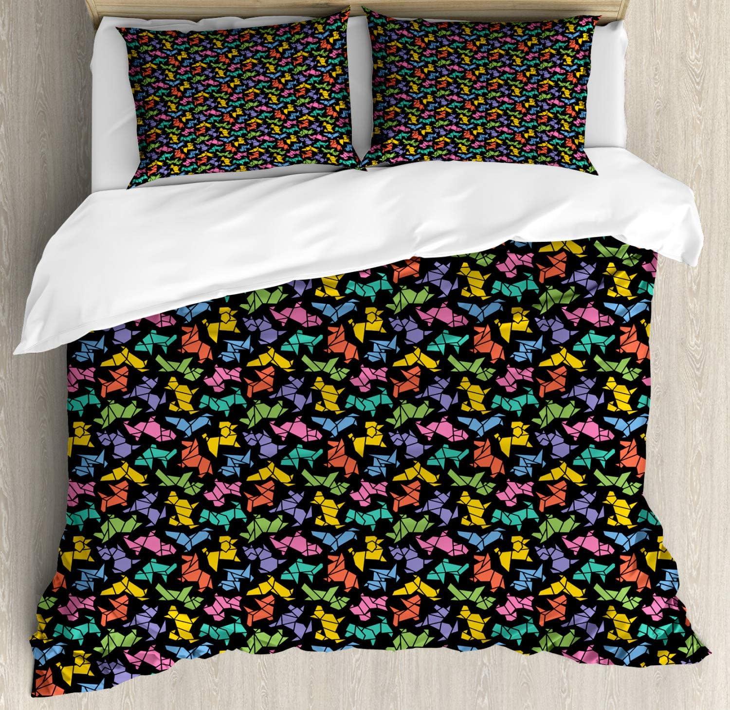 Ambesonne Dogs Duvet Cover Set, Abstract Geometric Style Graphic Dog Geometric Design Animal on Darkened Backdrop Print, Decorative 3 Piece Bedding Set with 2 Pillow Shams, Queen Size,