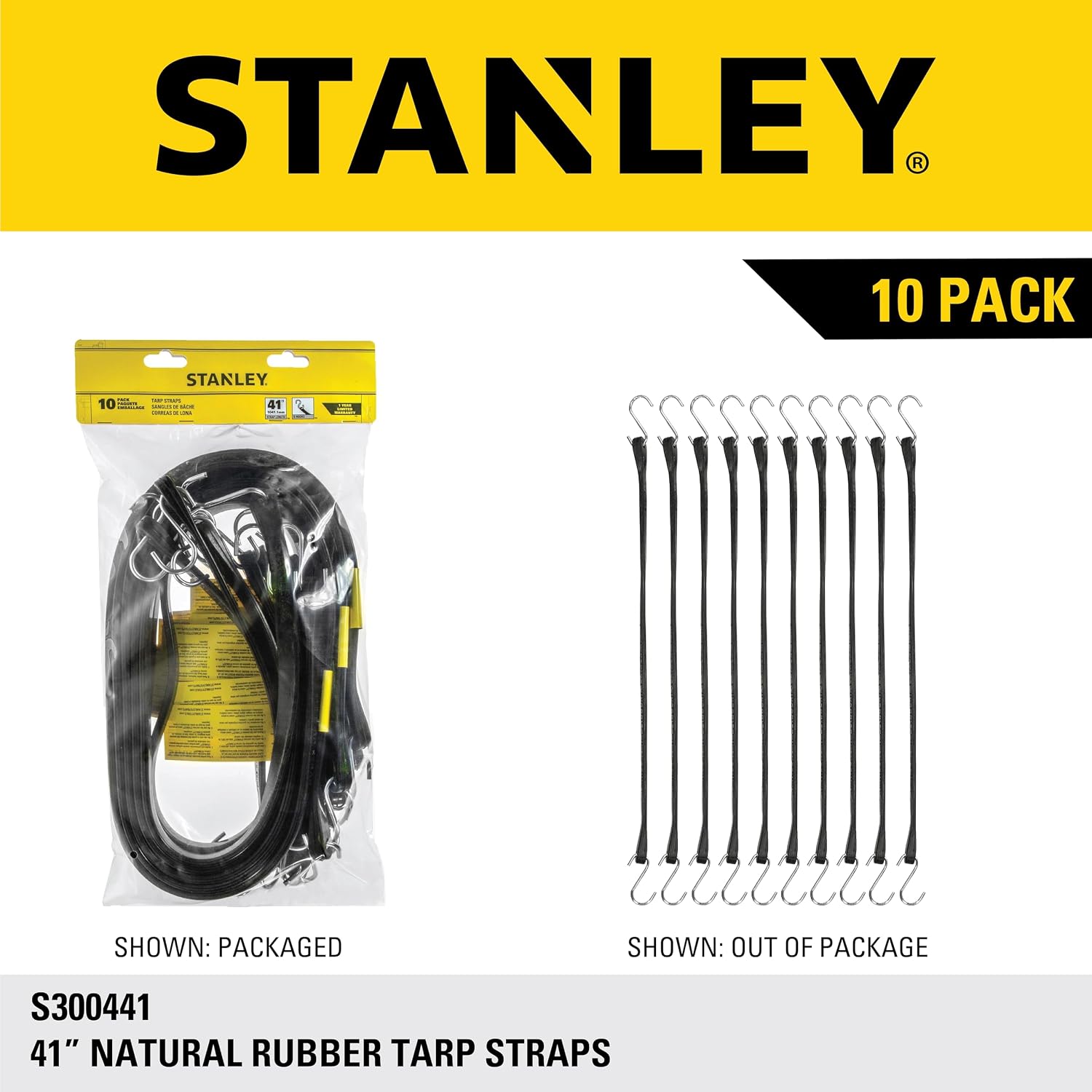 STANLEY S300441 Black 41" Rubber Tarp Bungee Cords for Boating, Camping, Cargo Support, 10 Pack