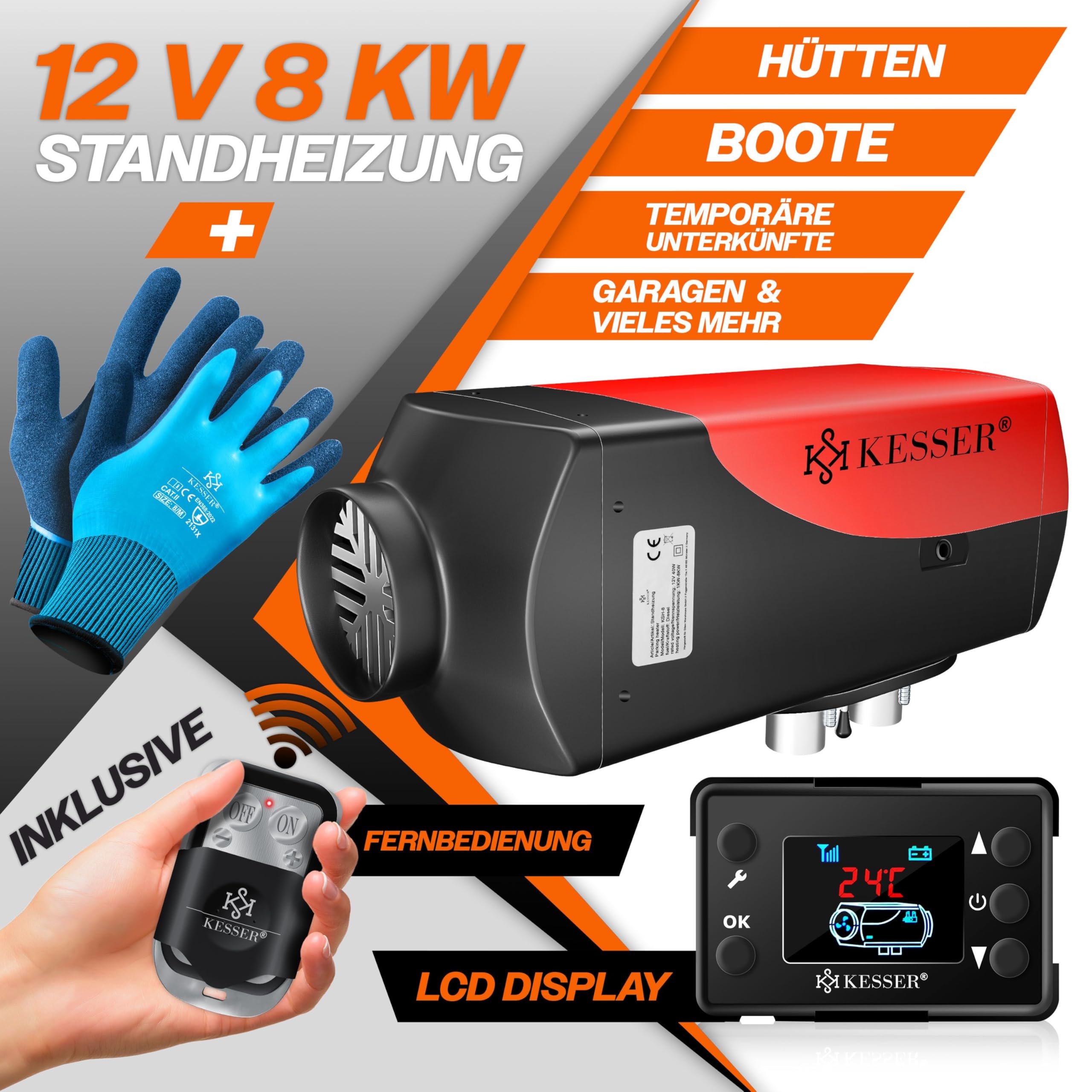 KESSER® Standheizung Diesel 8kW Dieselheizung 12V/24V mit Timer, LCD-Display & Fernbedienung | Schnelles Aufheizen | Lufterhitzer mit Schalldämpfer & Thermostat (Rot, 8KW)