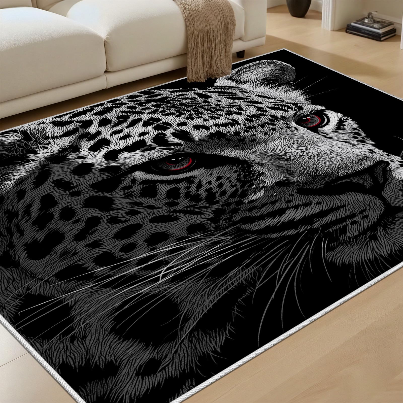 Tapis léopard salon lavable 140x200 cm grand tapis guépard noir ras