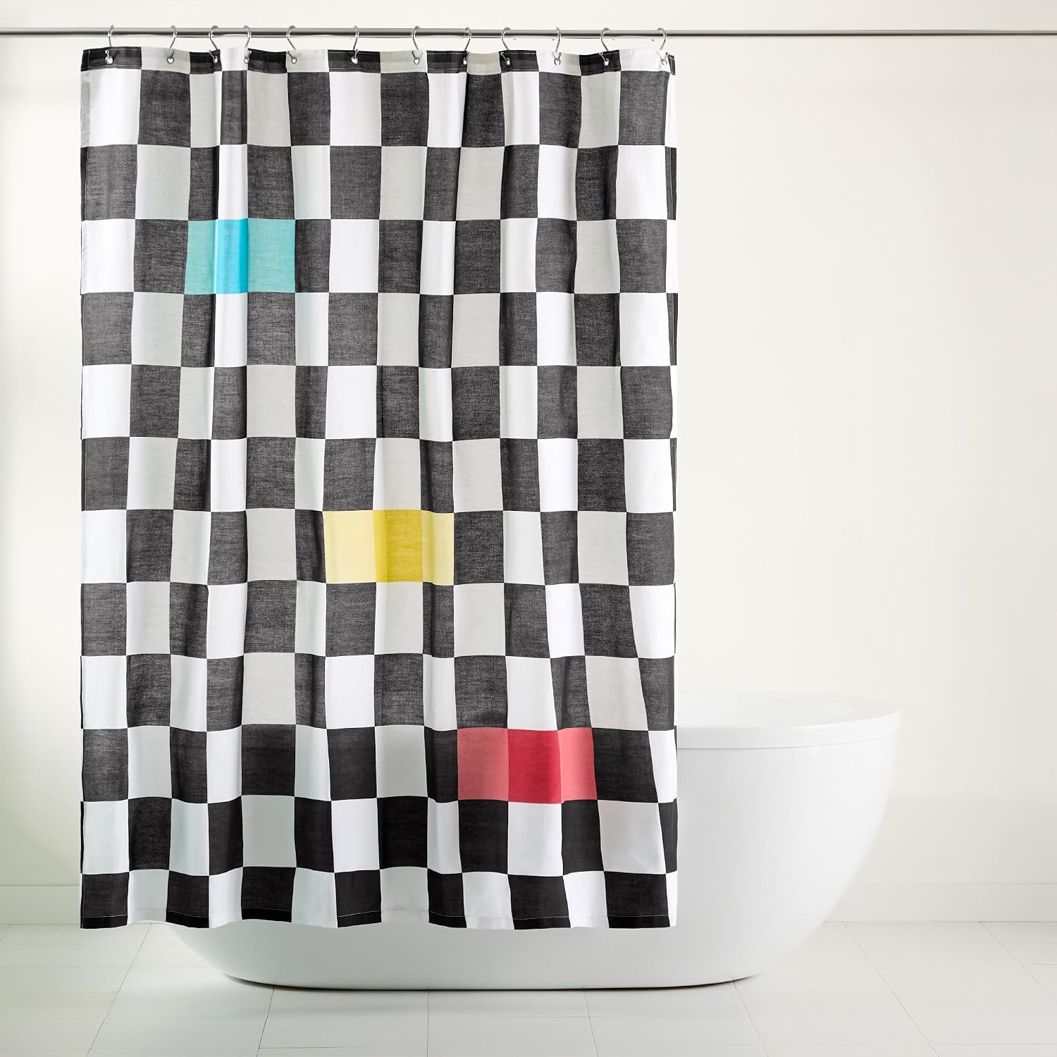 Town & Country Play Betty Bold Checkerboard Cotton-Rich Breathable Fabric Shower Curtain with Anti-Rust Grommets, Peach/White/Yellow, 70"x72"