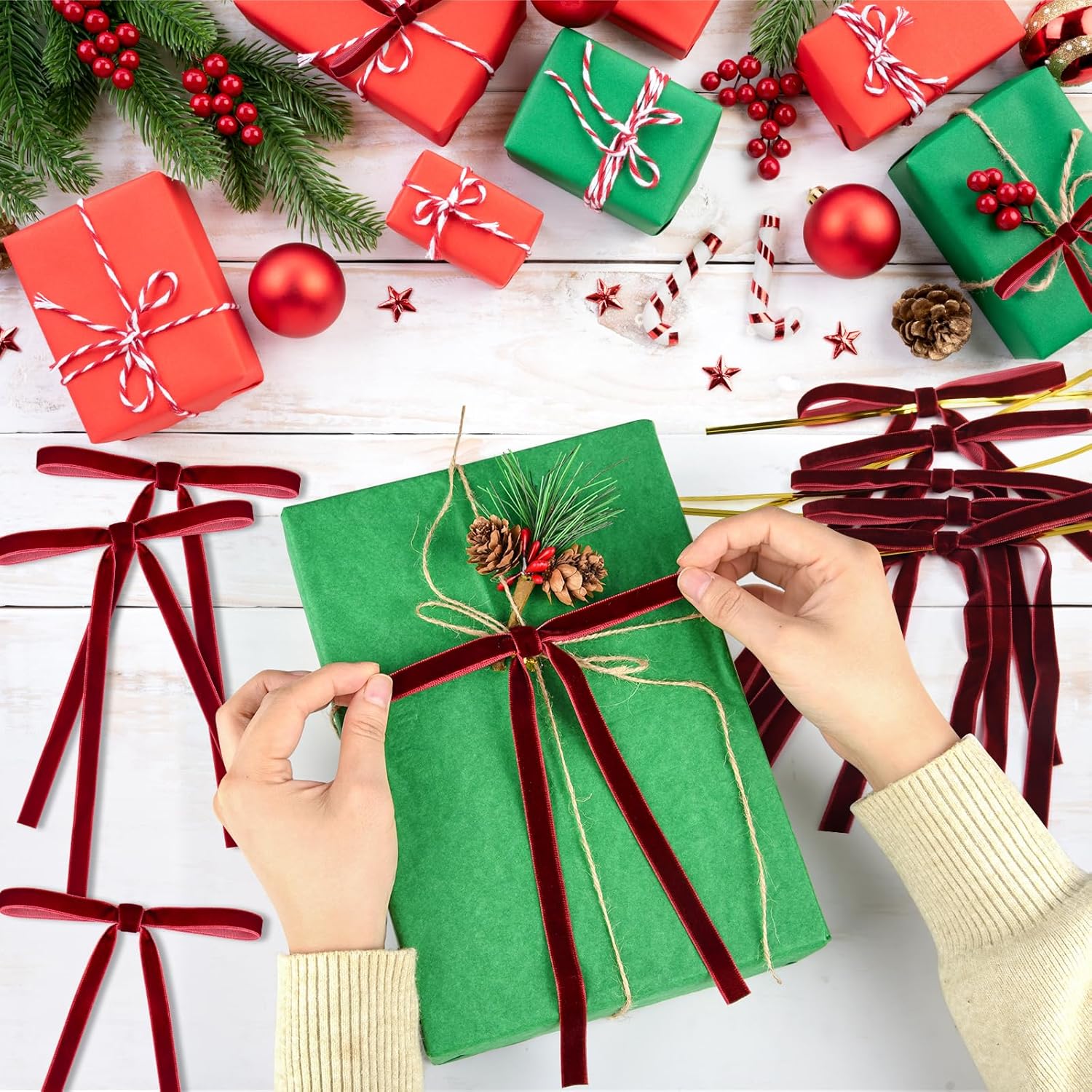 NEBURORA 32 Pcs Velvet Bow Christmas Ornaments 5x7 Inch Vintage Dark Red Velvet Ribbon Bows for Christmas Tree Wreath Indoor Holiday Home Gift Box Decoration - Image 4