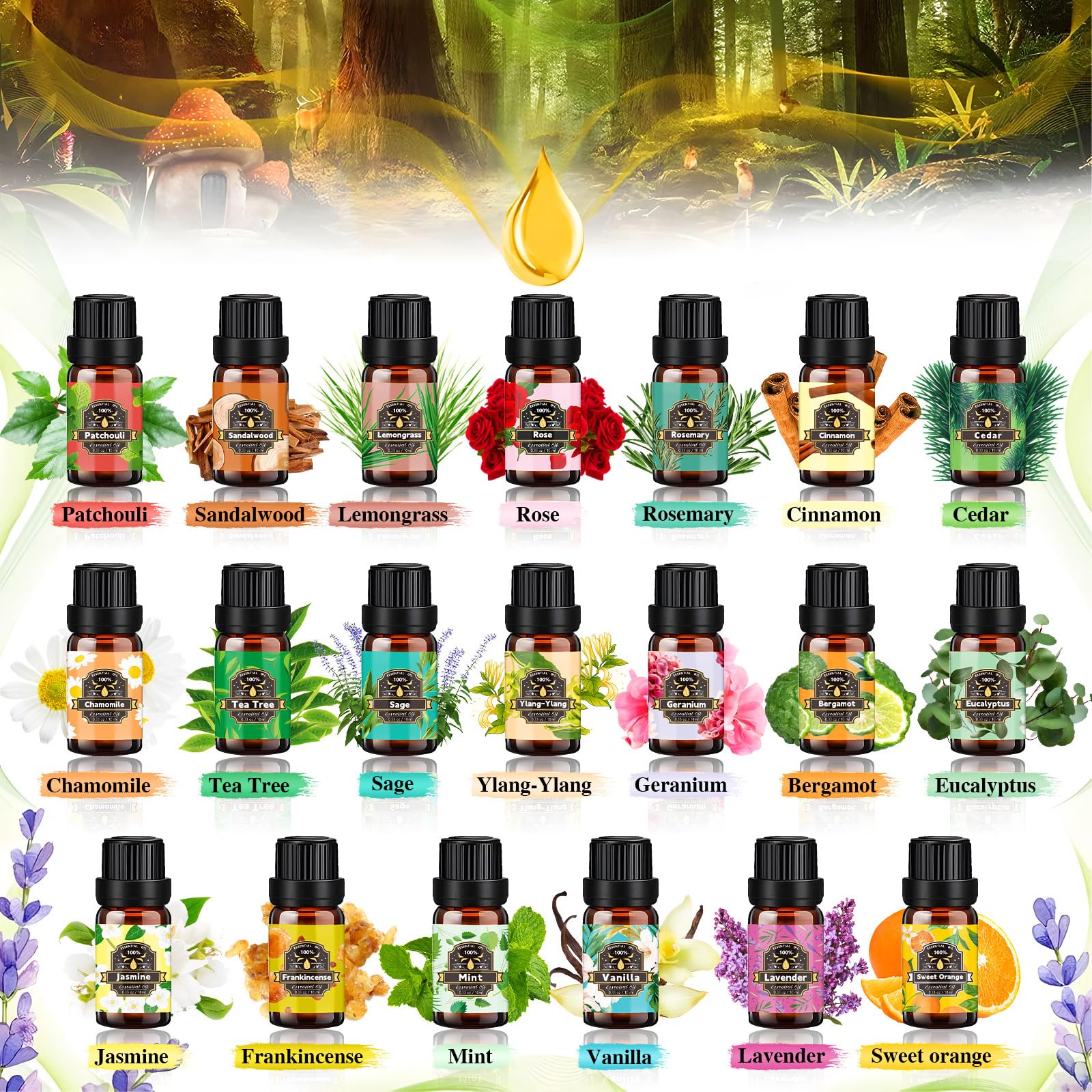 Set di oli essenziali, 20 x 10 ml, oli essenziali per diffusore, diffusore di aromi, puramente naturale, per sapone, candele, cosmetici, lavanda, eucalipto, bergamotto, rosa
