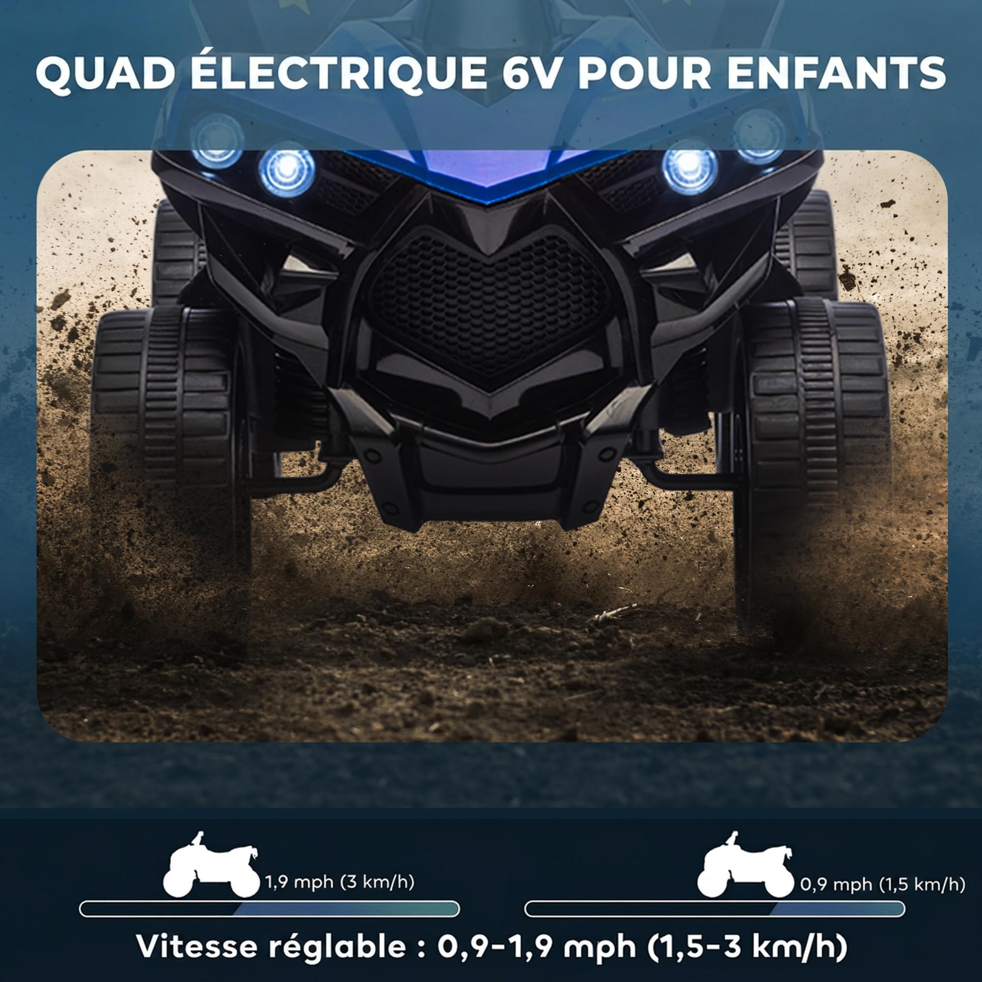AIYAPLAY Quad Électrique Enfant 6V Musique LED 4 Roues 18-56 Mois Bleu