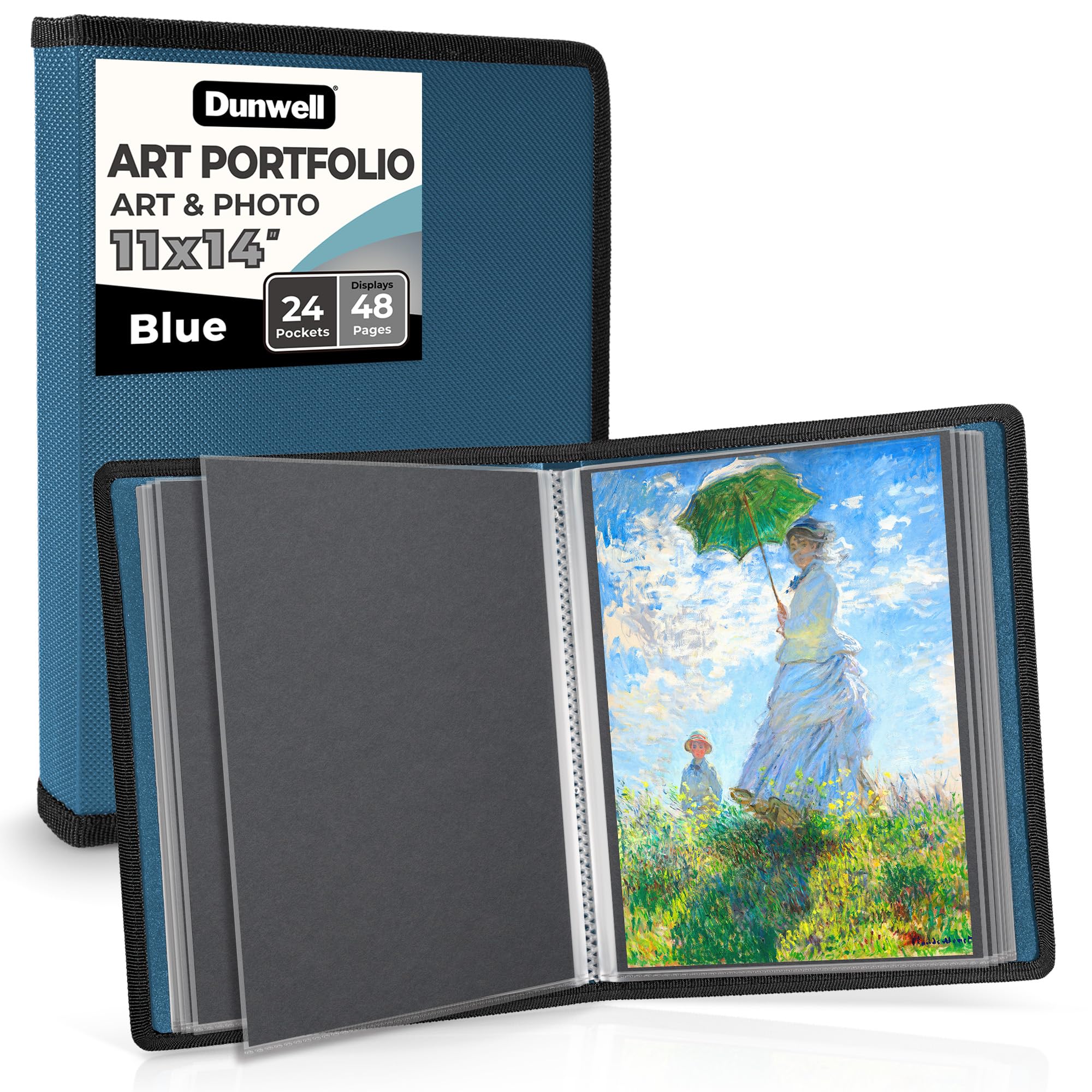 Dunwell 11x14 Art Portfolio Binder with Mounting Paper (Blue), Large Portfolio Folder for Artwork Storage, 24 Sleeves Displays 48 Pages, Acid-Free Poly 11 x 14 Presentation Book