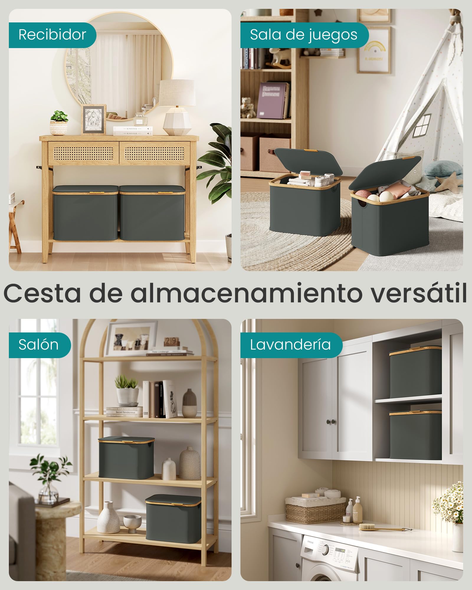 SONGMICS Cesto de Ropa con Tapa, Recogedor de Colada, Ahorra Espacio, Tejido de Oxford, Plegable, Marco de Bambú, Lavadero, Dormitorio y Salón, 40 L, 42 x 32 x 30 cm, Gris Pizarra LCB516GN01
