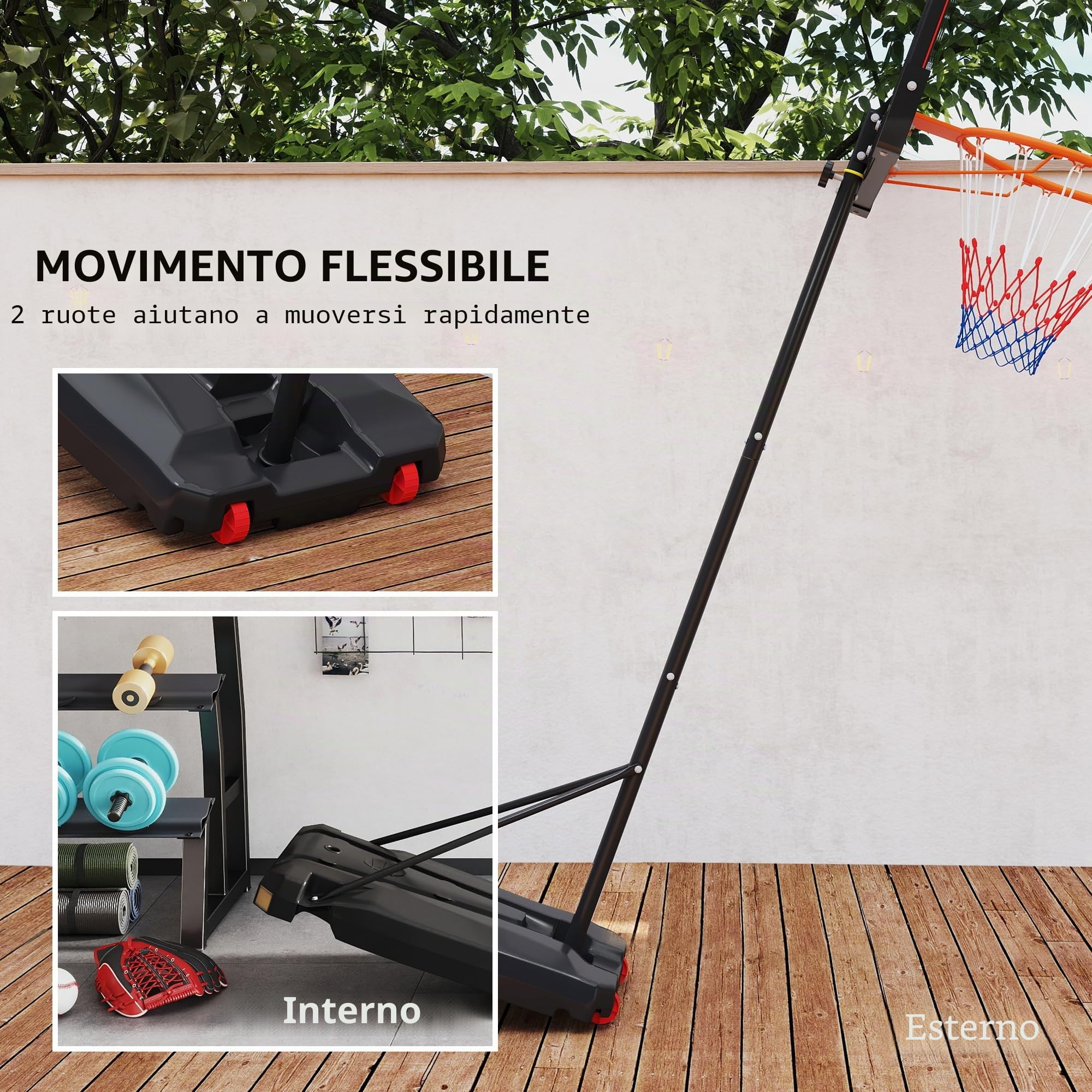 Canestro da esterno per bambini AIYAPLAY, supporto per pallacanestro regolabile in altezza da 210 a 260 cm con ruote, sistema di pallacanestro con supporto per bambini a partire dai 6 anni, rosso