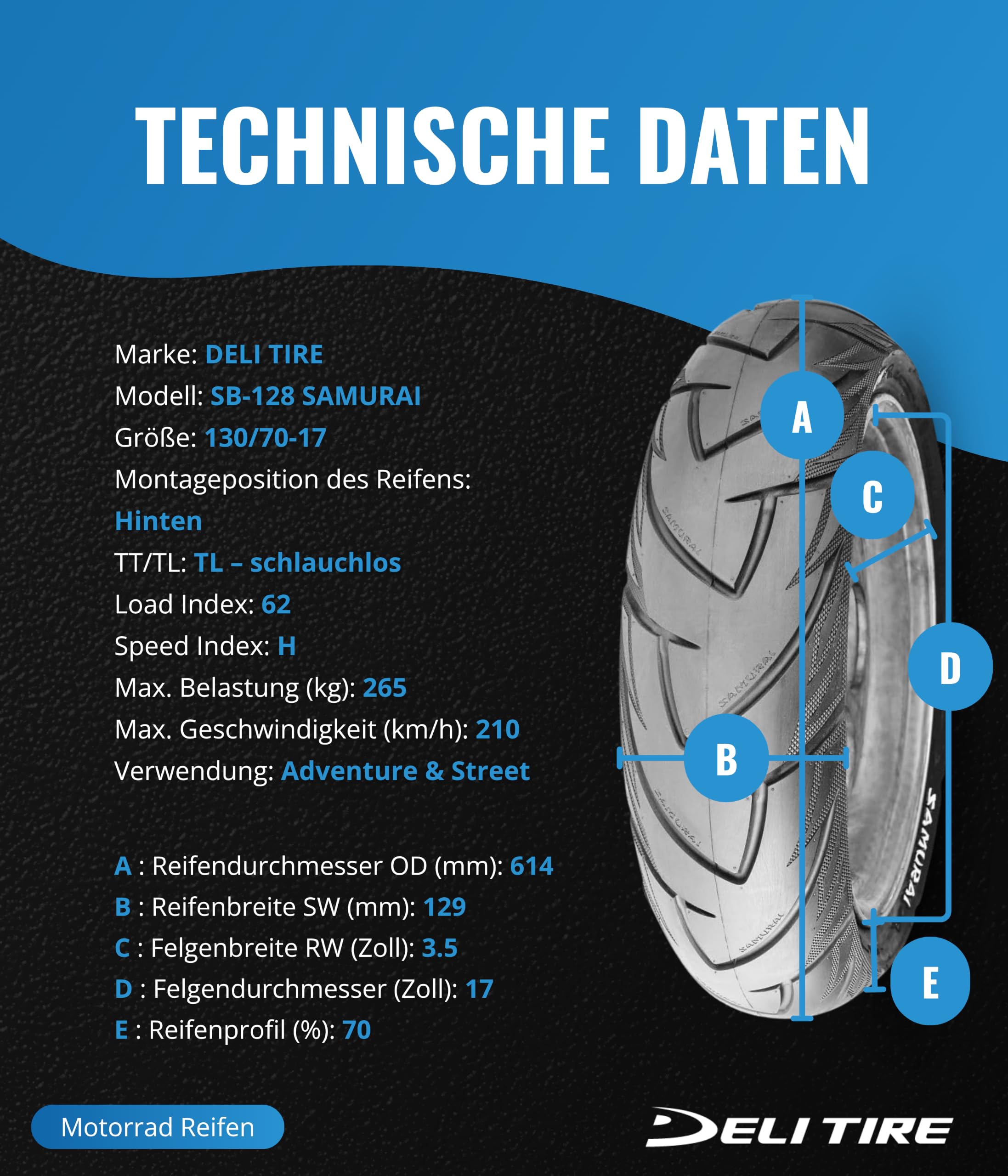 Motodak PNEU Moto 17" 130/70 X 17 Deli SB128R TL Samurai 62H (Route)