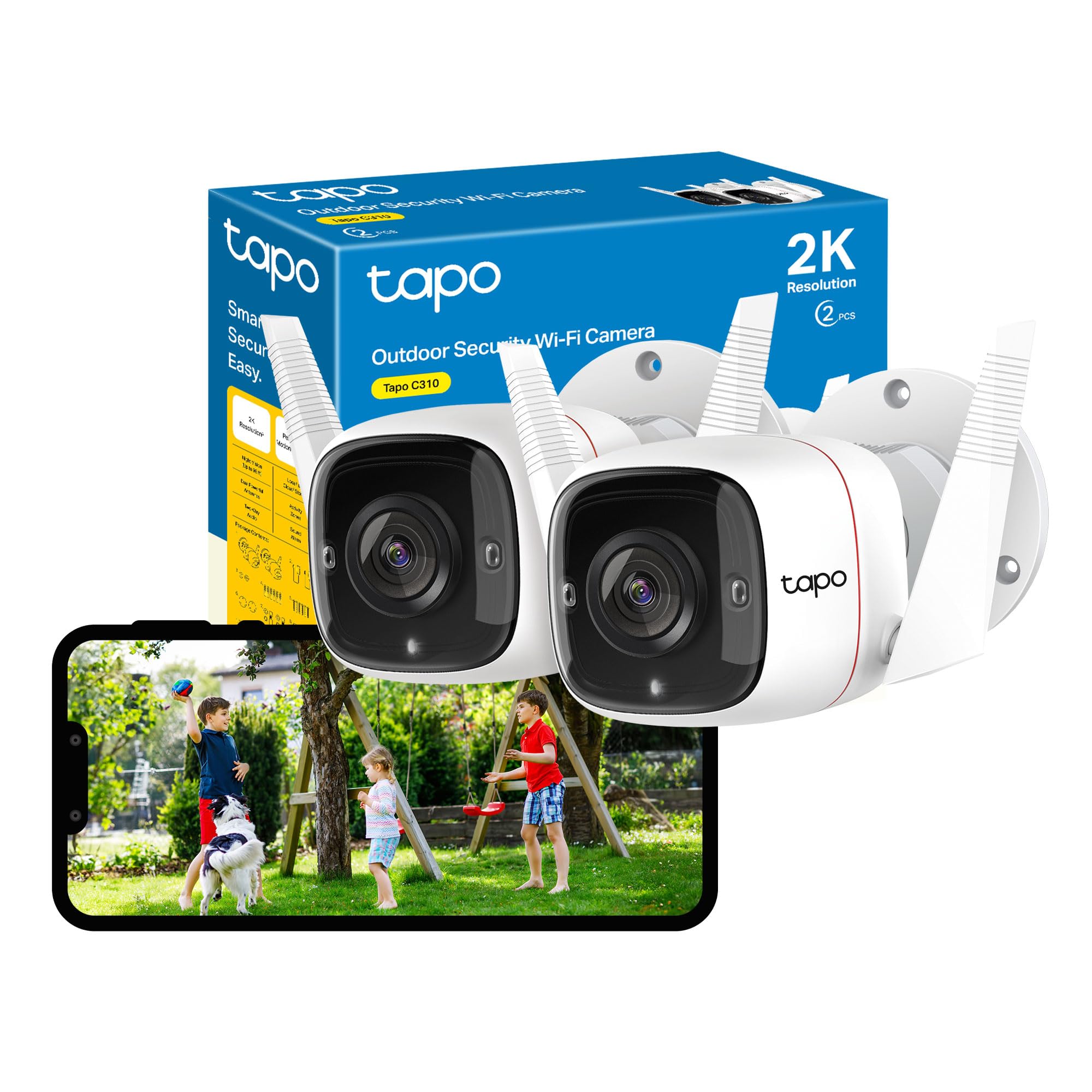Tapo 2K Outdoor Security Camera, Motion Detection, IP66 Weatherproof, Built-in Siren, 2-way Audio, 3MP, Night Vision, Cloud &SD Card Storage, Works with Alexa & Google Home, 2pack C310P2