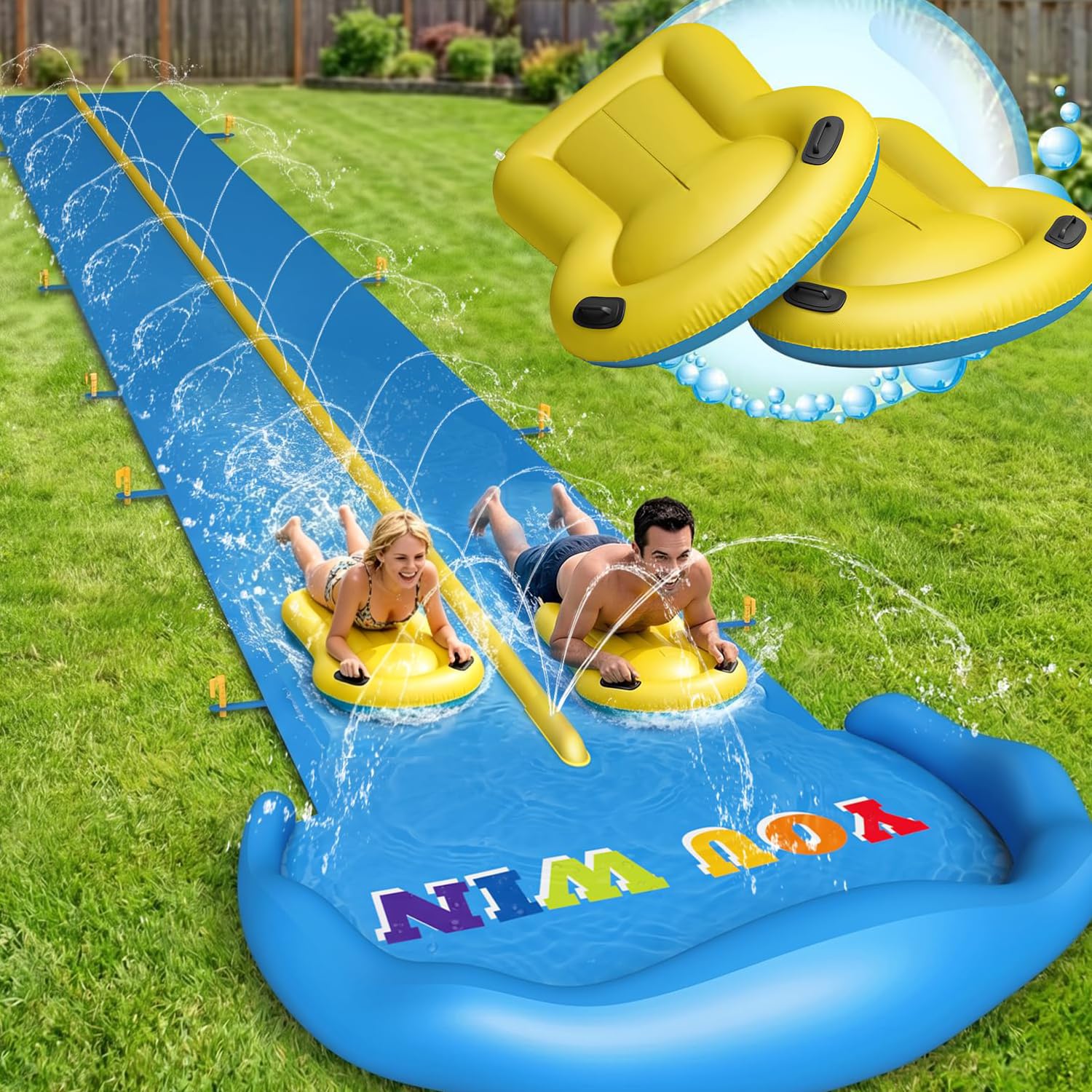 Evoio Tobogán acuático inflable de 32.8 pies con 2 carriles de carreras para niños, niñas y adultos, tobogán de agua, juguetes acuáticos al aire libre para patio trasero y jardín