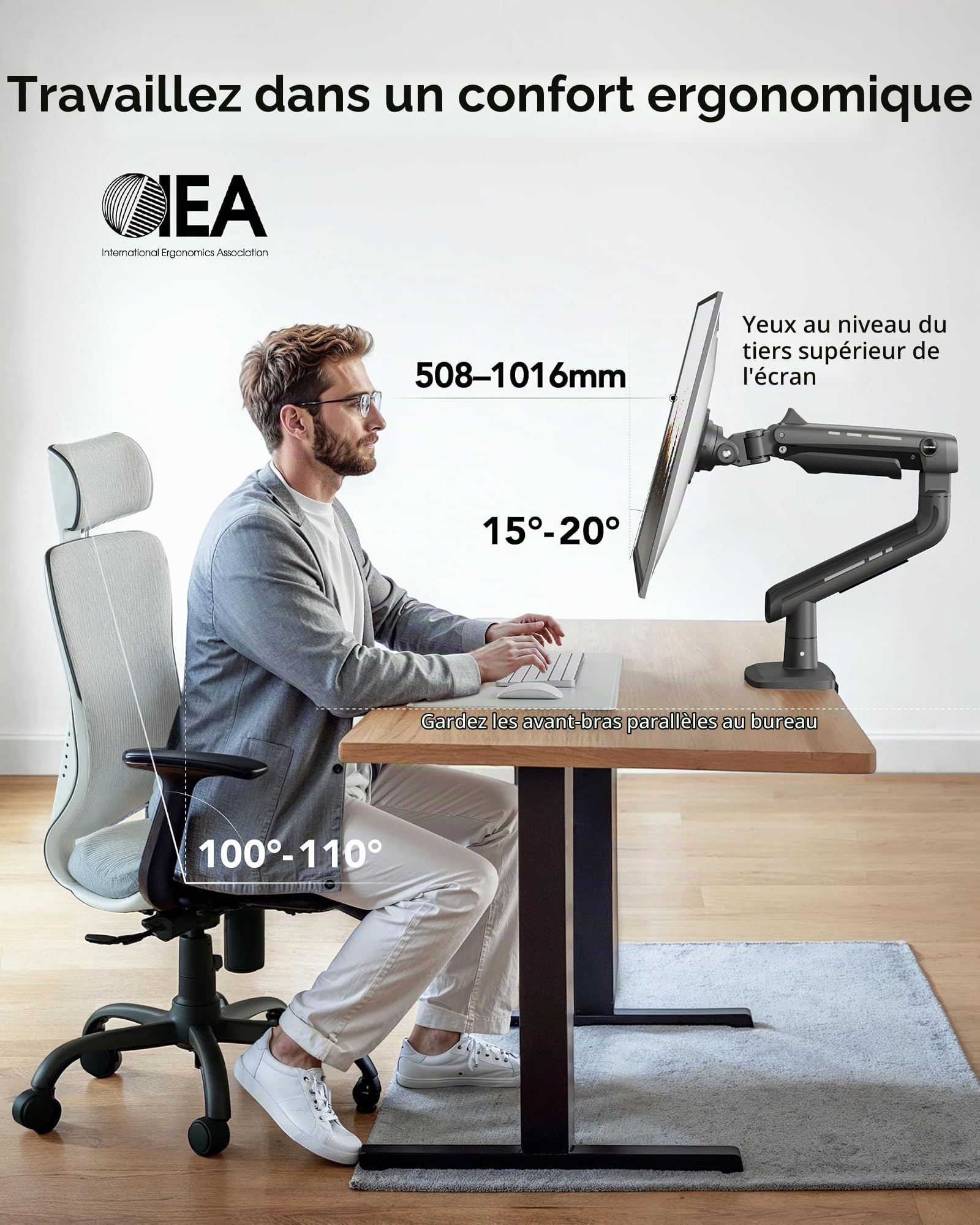 HUANUO Bras articulé Écran Ultralarge à 49 Pouces, Tient 18kg, Support pour Écran Ultralarge du Bureau en Aluminium, Support Écran Unique Ajustable avec Pince en C, Base à œillet, VESA 100x100mm Max