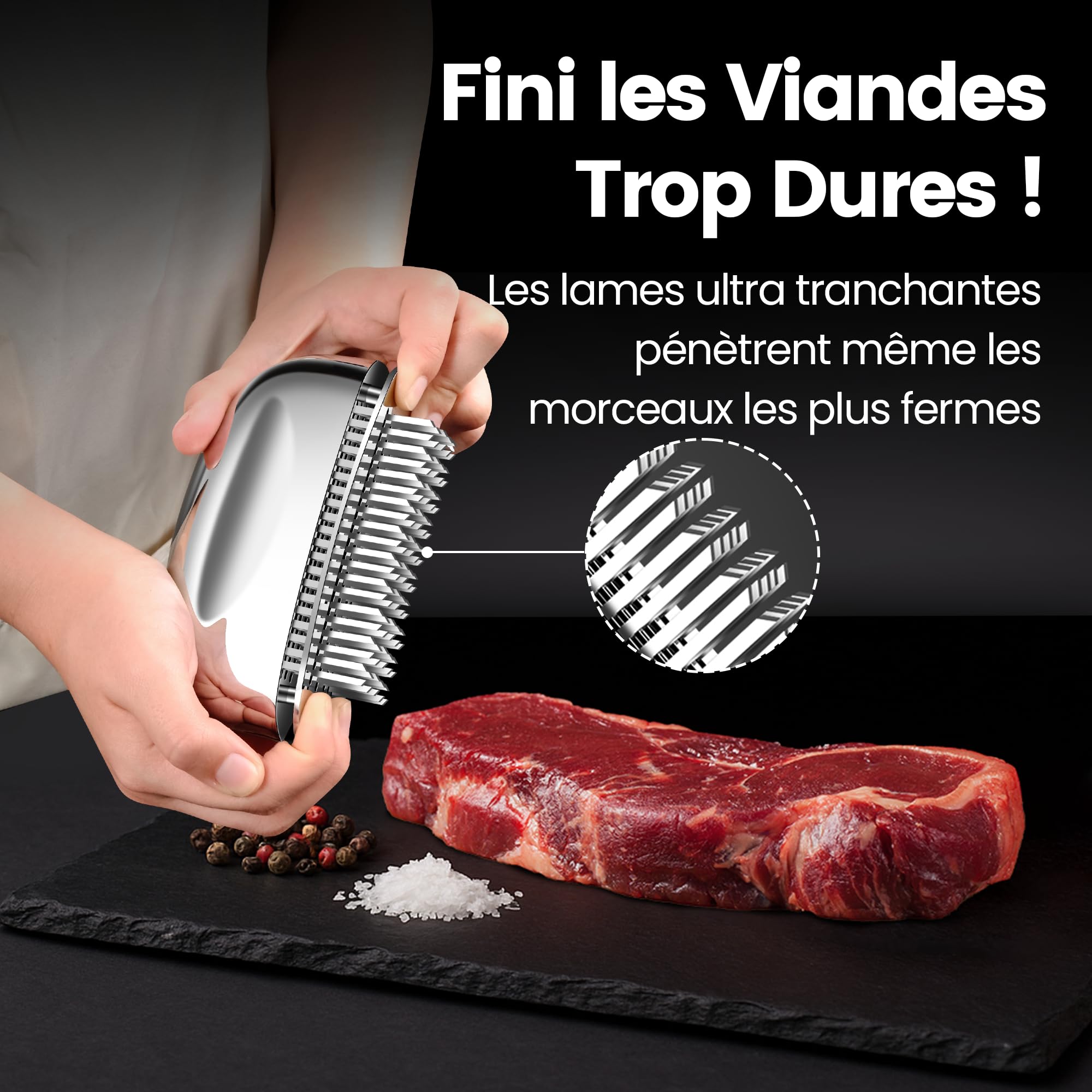 Attendrisseur de viande en acier inoxydable avec aiguilles ultra tranchantes – Marteau de cuisine professionnel – Outil pour bœuf/poulet/porc/veau – Poignée ergonomique – Nettoyage facile
