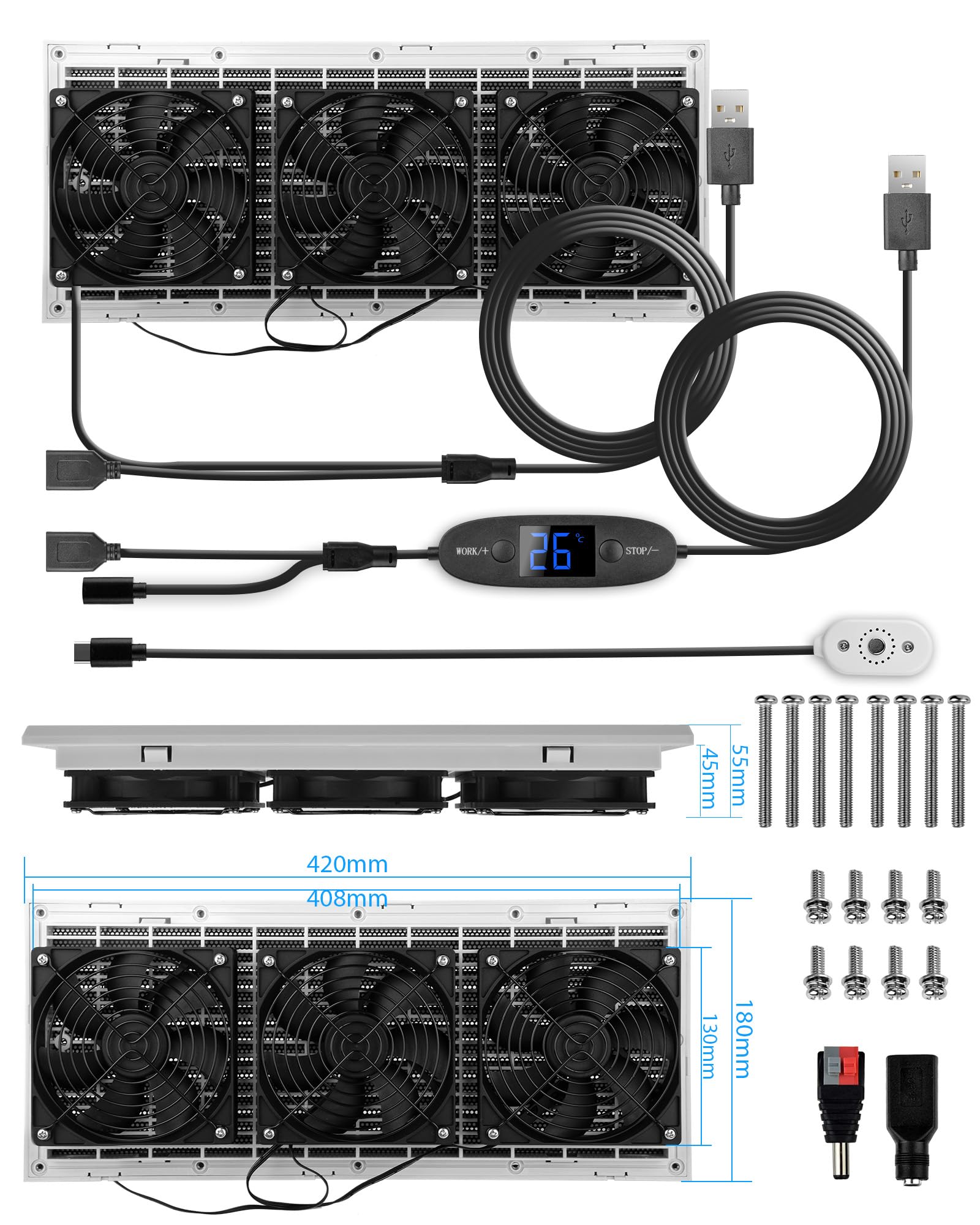 USB 120mm Wohnmobil-Lüftungsventilator, 3-in-1 Digitalanzeige temperaturgesteuertes leises Lüftersystem, 10 Geschwindigkeitsstufen, IPX5, Spannung 5-12V, für Wohnmobile, Camper, grau-weiß