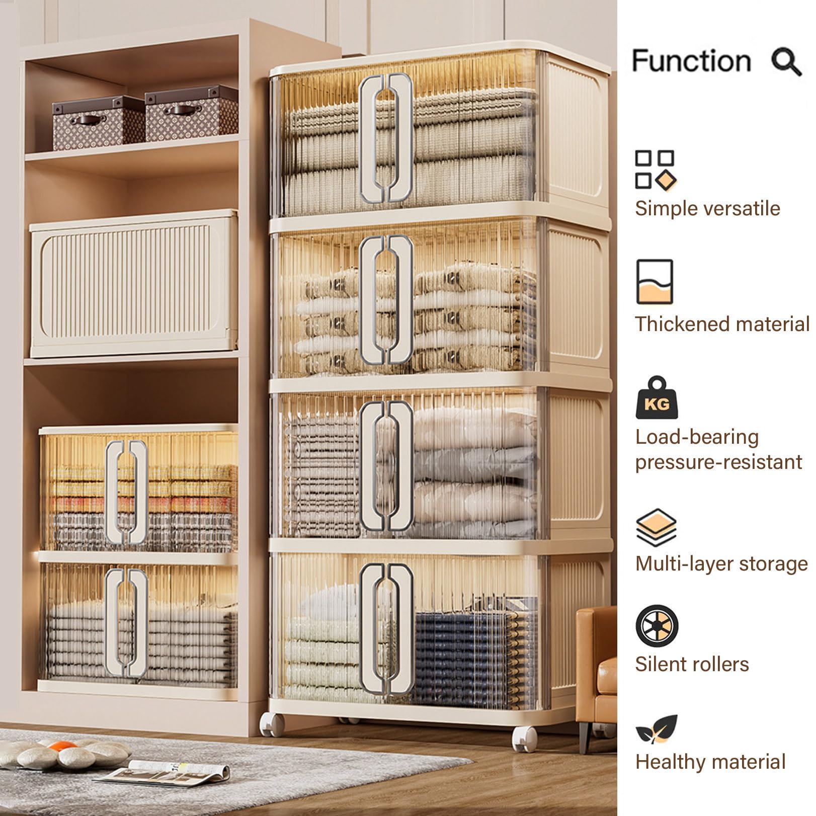 Scatole portaoggetti con coperchio, contenitori impilabili in plastica a 5 ripiani con ruote, organizer pieghevole per camera da letto, armadio, ufficio, bagno, design pieghevole