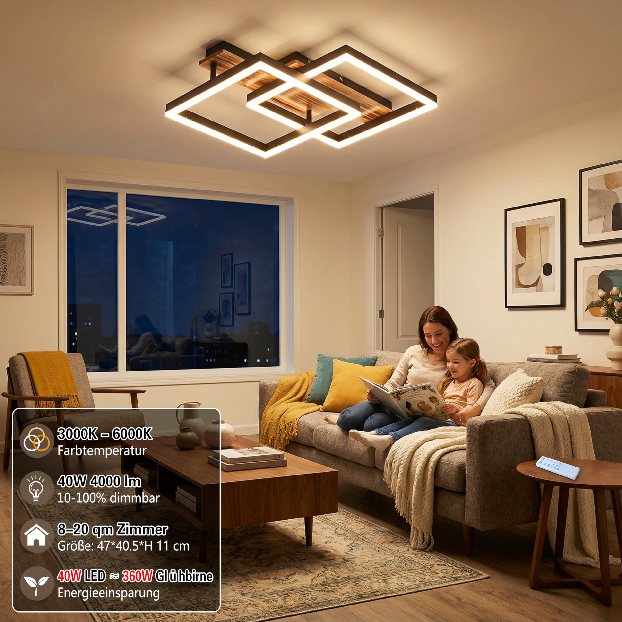 LED Deckenleuchte Holz dimmbar, Massivholz schwarz Rahmen Vintage Deckenlampe mit Fernbedienung, 40W 47cm 4000lm 3000-6000K, Schlafzimmerlampe, Wohnzimmerlampe, Memory Funktion 4W Nachtlicht
