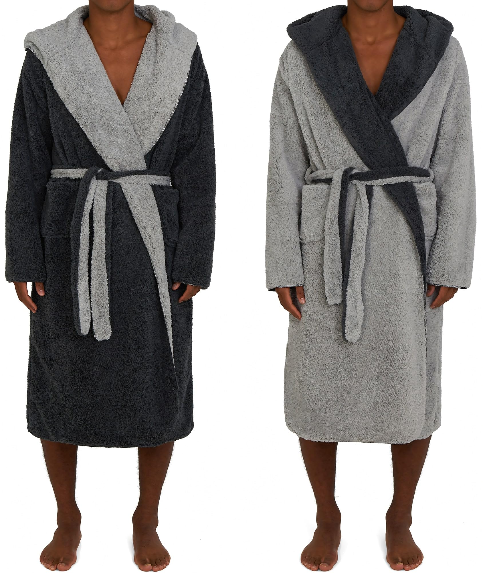 HOMELEVEL - Accappatoio da uomo con cappuccio, in Sherpa, reversibile, ideale per la casa, per l’inverno, caldo, Antracite/grigio chiaro, M