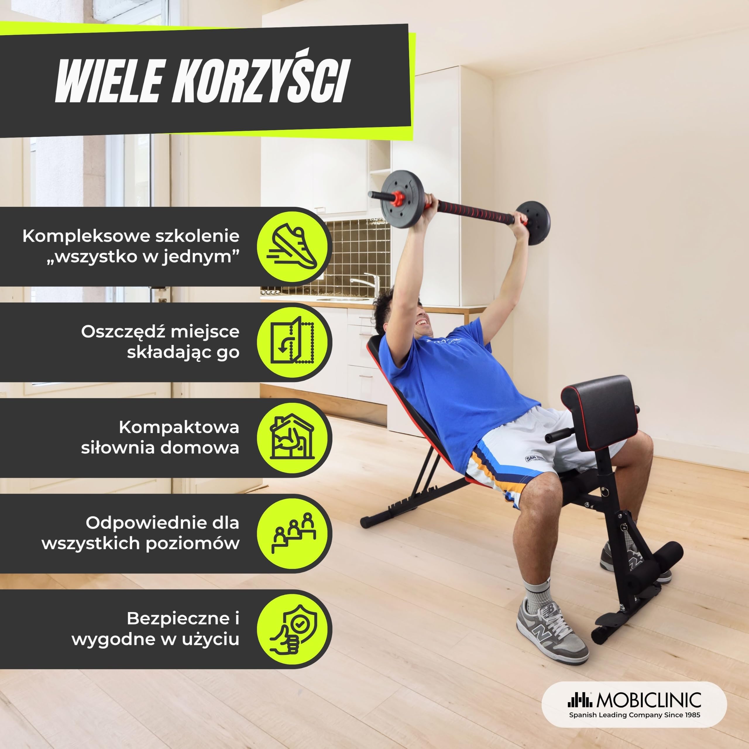 Mobiclinic®, Ławka treningowa, Z Paskami Oporowymi, Składana, Z Kółkami, Wielofunkcyjna, Do Wyciskania na Ławce, Regulowana, Uchylna i Opuszczana, Do 120 kg, Planefit, Domowa Siłownia