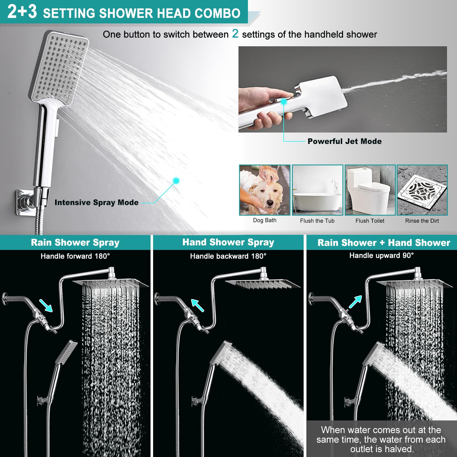 Soffione doccia a pioggia da 25,4 cm con combo portatile, braccio di estensione da 30