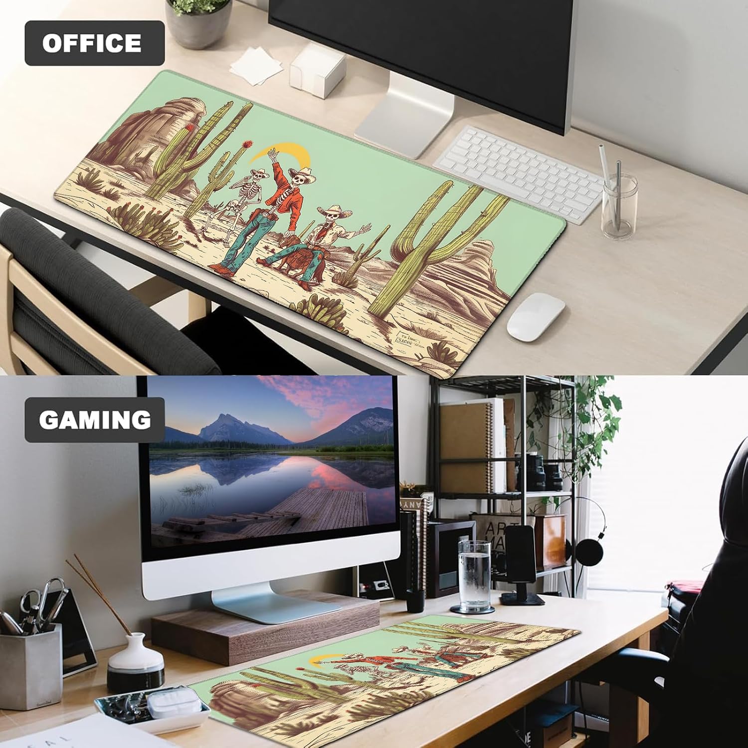 Western Skeleton Gaming Mouse Pad – 12x31.5in Non-Slip Rubber Desk Mat with Cowboy Skull Cacti Desert Design – Large Extended Mousepad for Office Home Laptop – Gothic Deskmat Gifts Decor