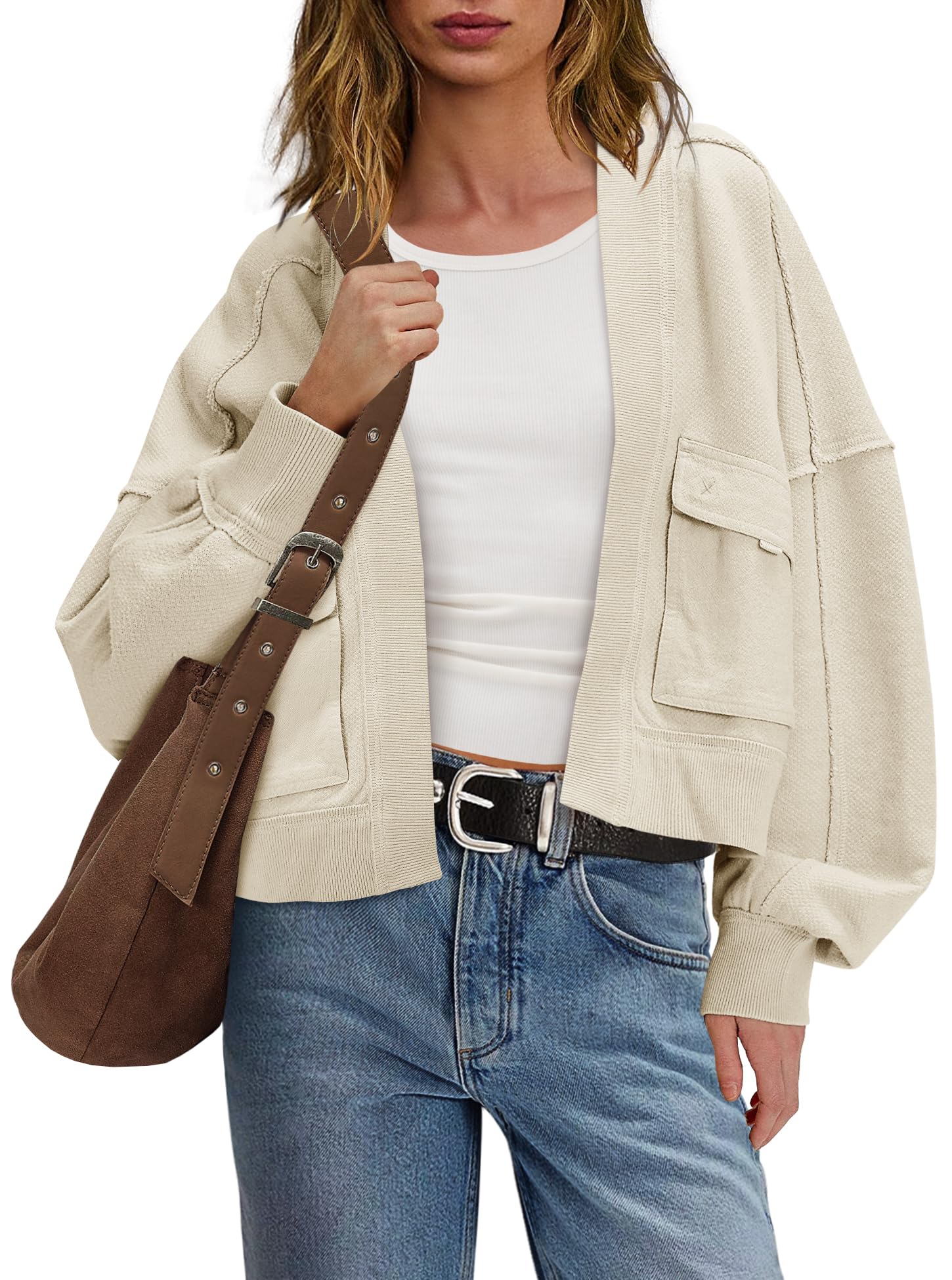 Panadila Womens Cropped Jackets Oversized Cardigans Long Sleeve Open Front Sweatshirt Cardigan Fall Coats
