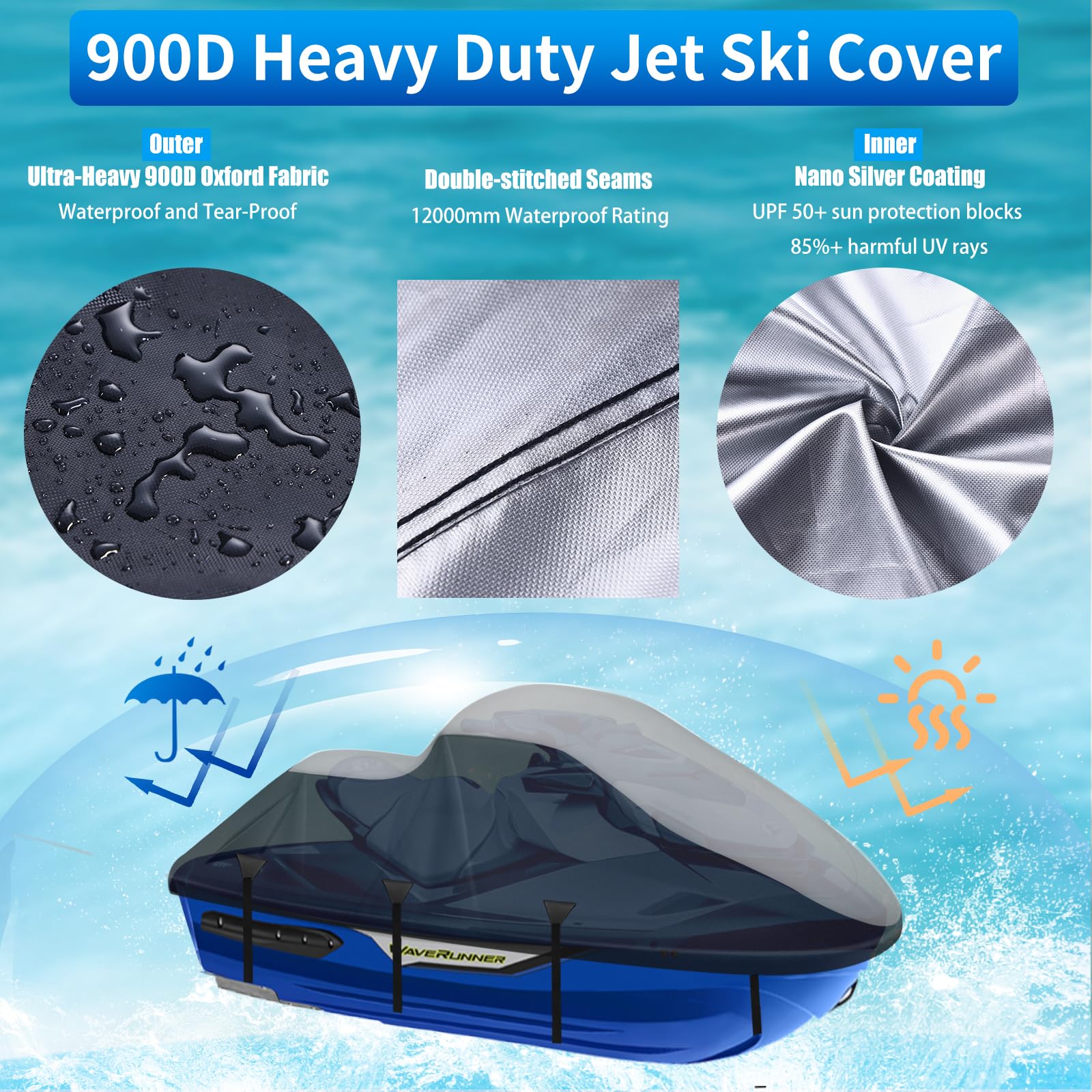 Couverture pour Jet Ski, Housse de protection Jetski 900D haute résistance, 2 ouvertures de ventilation, boucles de protection contre le vent améliorées avec renfort en tissu triangulaire, pour Yamaha