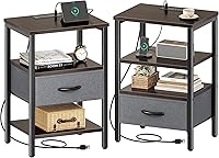 Vista 14 de SUPERJARE - Mesita de noche con estación de carga, con cajón de tela ajustable, para dormitorio, mesa auxiliar de almacenamiento de 3 niveles