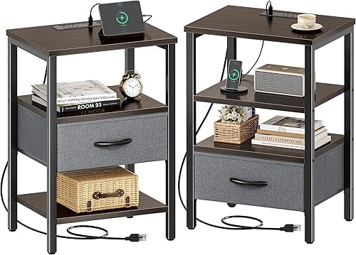 Miniatura 22 de SUPERJARE - Juego de 2 mesitas de noche con base de carga, cajón de tela ajustable, mesita de noche para dormitorio, de 3 niveles, para sala de café