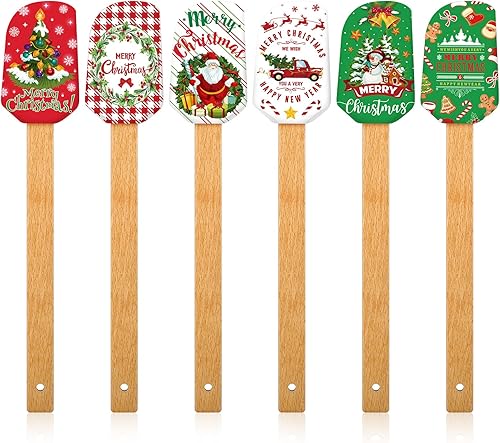 Patelai Espátula de silicona de Navidad para pastel de Navidad con mango de madera, muñecos de nieve, panqueques, rascador de platos de Navidad,