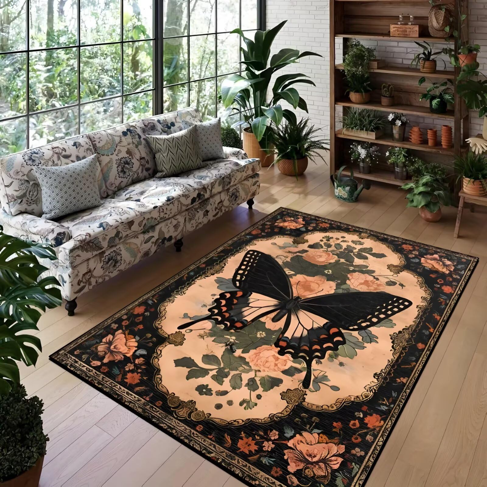 Alfombra marrón 100x200 con mariposas para vestidor y cocina