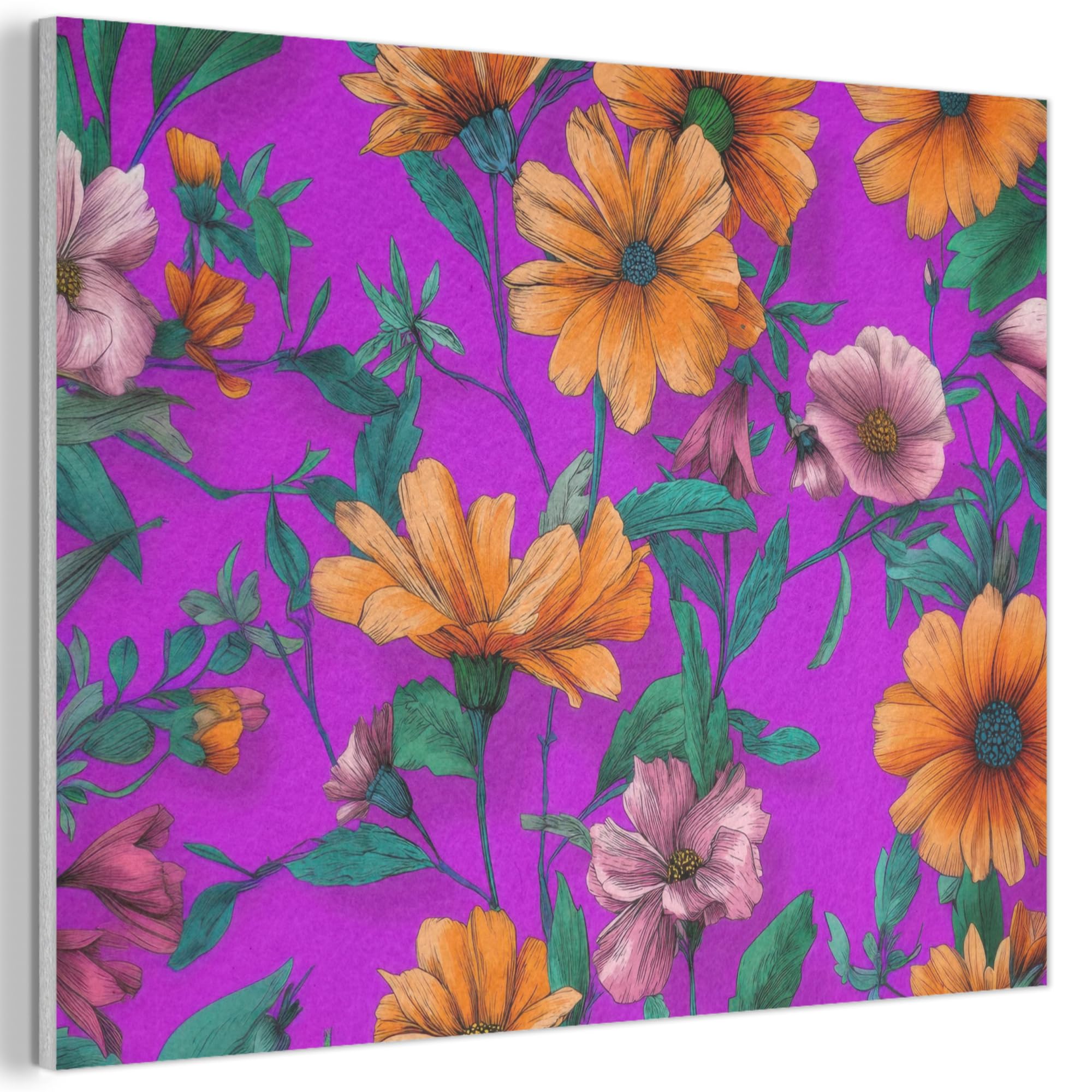 MuchoWow© Felt Panel 100x70 cm Framed Design Print Accent Interior Wallart Decoration Wall Art Flowers - Orange - Pink