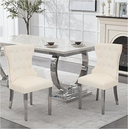 Miniatura 11 de Juego de 4 sillas de comedor de terciopelo, sillas de cocina tapizadas con patas Mteal, respaldo moderno con botones copetudos y ribete cuadrado de