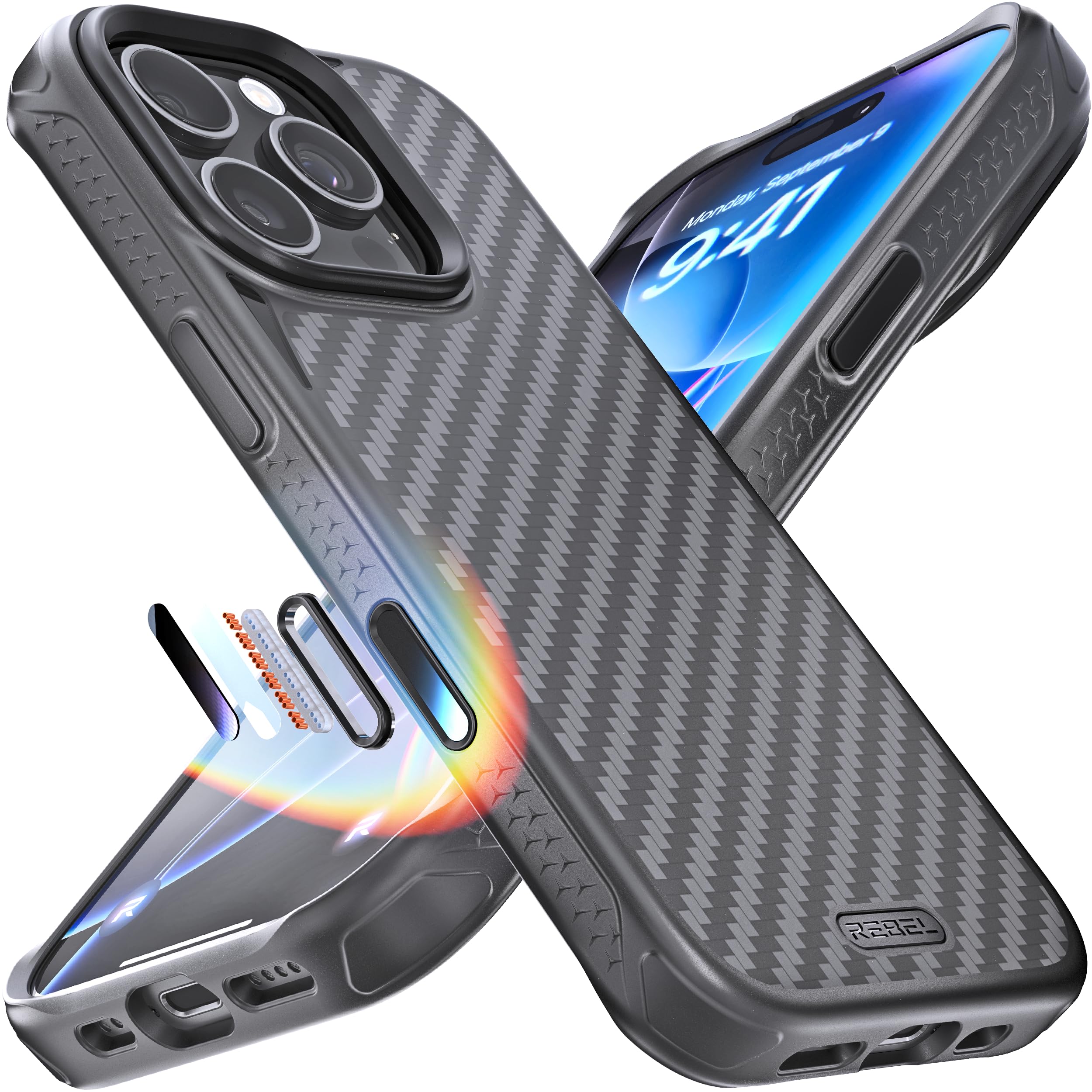 REBEL Case for iPhone 16 Pro [Gen-6 Aramid Fiber] Strong MagSafe Compatible, Grippy Sides, Shockproof Corners, Metal Lens + Buttons, Upgraded Protective Design, 6.3 Inch Phone 2024 (Black)