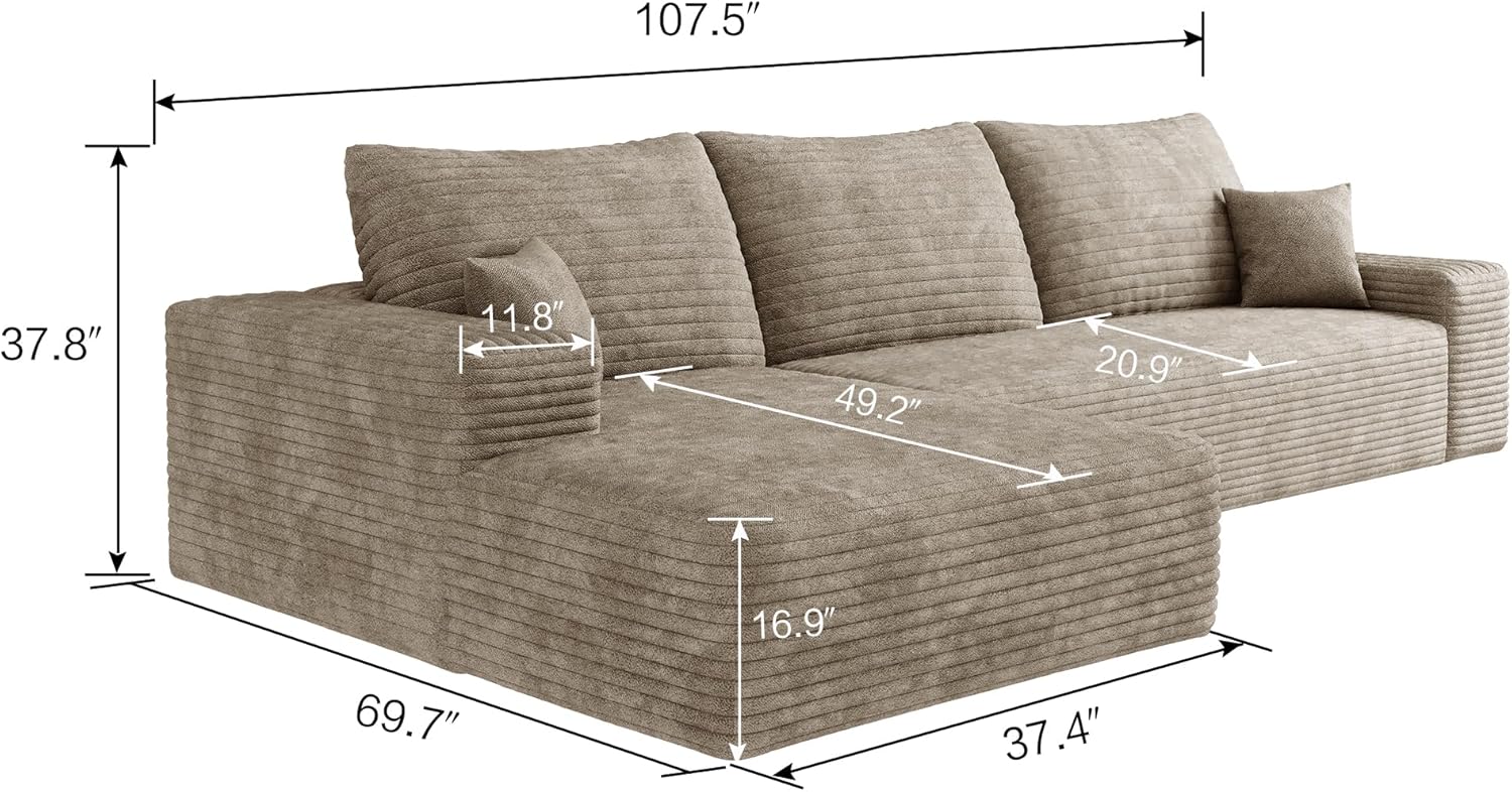 Oversized 2-Piece Left Facing Modular Sectional Sofa with Wide Chaise Daybed, Fluffy Corduroy Upholstered Corner Convertible Sofa L-Shaped Floor Cloud Couches