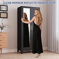 Vista 3 de Armario de almacenamiento de metal con espejo y barra para colgar, 71 pulgadas, con 2 puertas y estantes ajustables, armario color negro para Sin