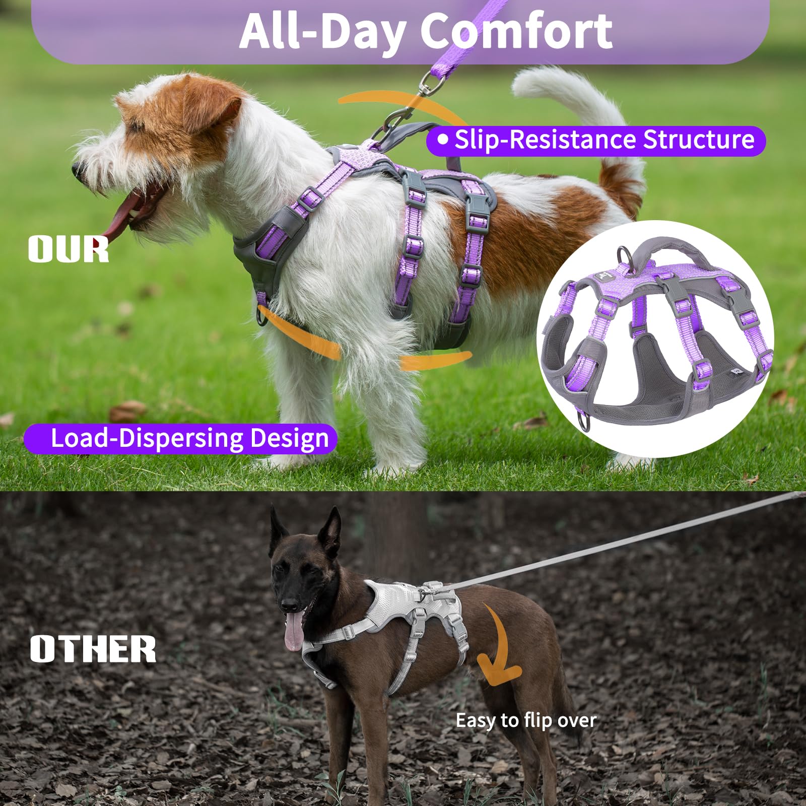 Huntboo Reflective Dog Harness with Handle, Escape Proof, No Slip,Breathable, Lightweight,Adjustable Lift Harness for Small,Medium,and Large Dogs Walking, Training,and Running Gear(Lavender Purple,XS) - image 5