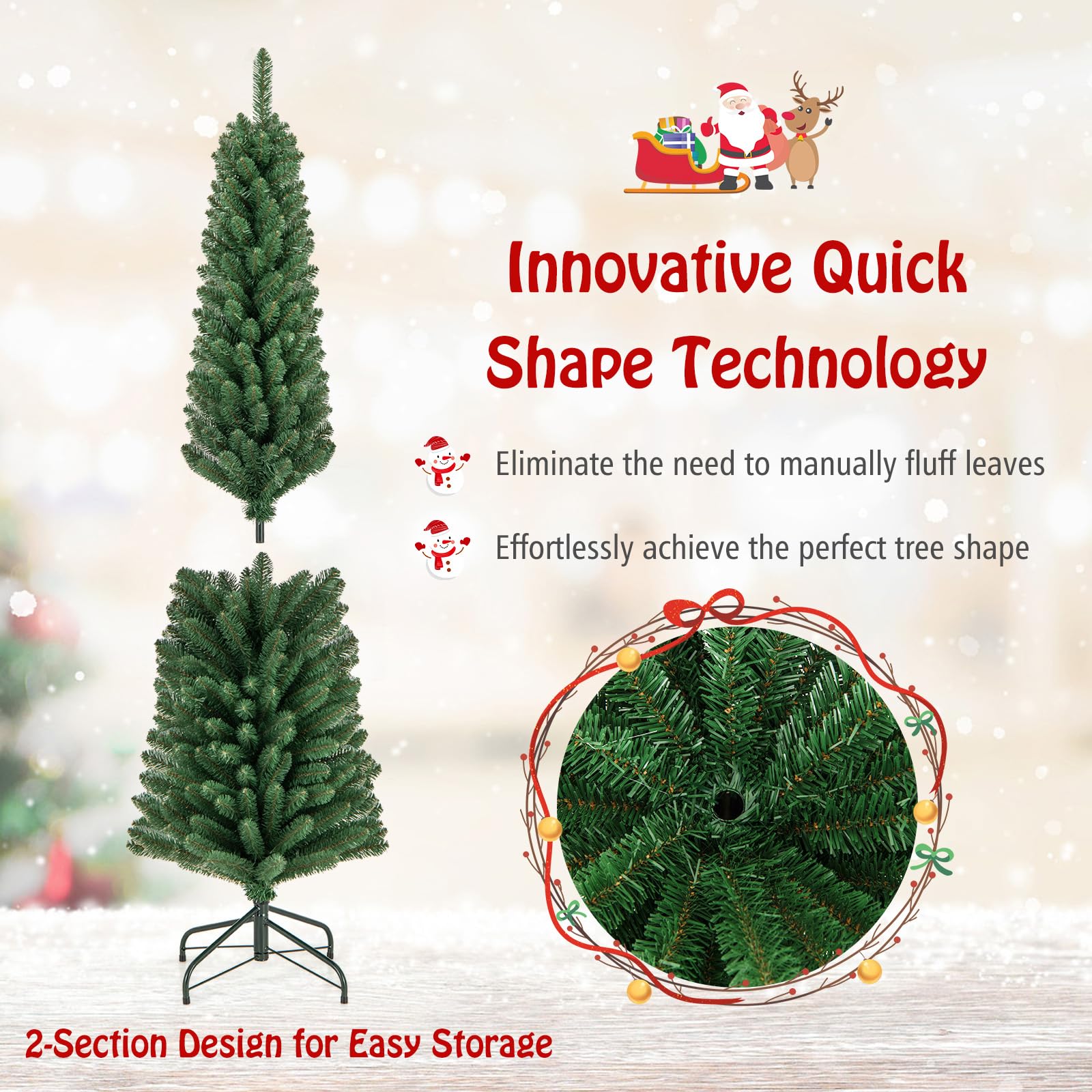 GIANTEX Künstlicher Weihnachtsbaum, 150 Cm, Schlanke Bleistiftform – Mit 220 PVC-Nadeln, Metallständer