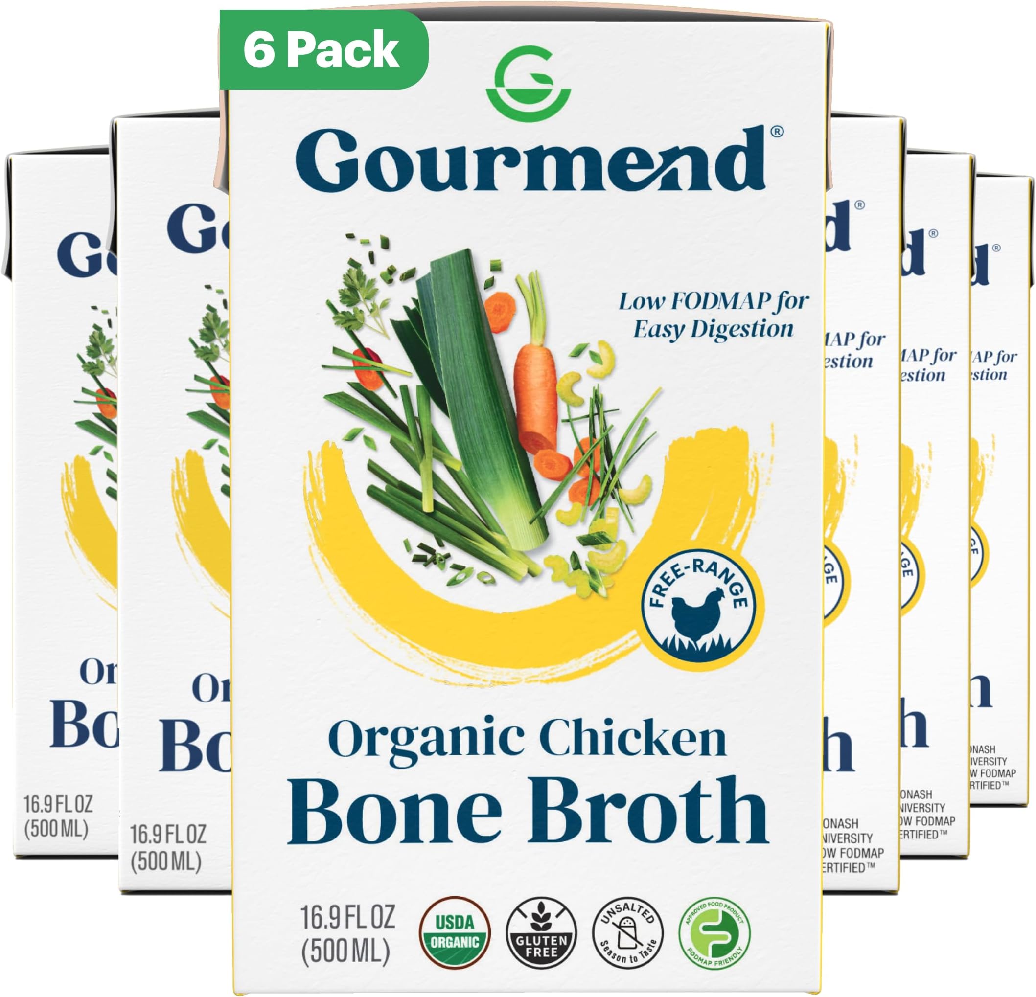 Organic Unsalted 16.9oz Chicken Bone Broth (6 Pack) – 7 Ingredients, Low FODMAP Certified, Filler Free, Gluten Free, Onion & Garlic Bulb Free